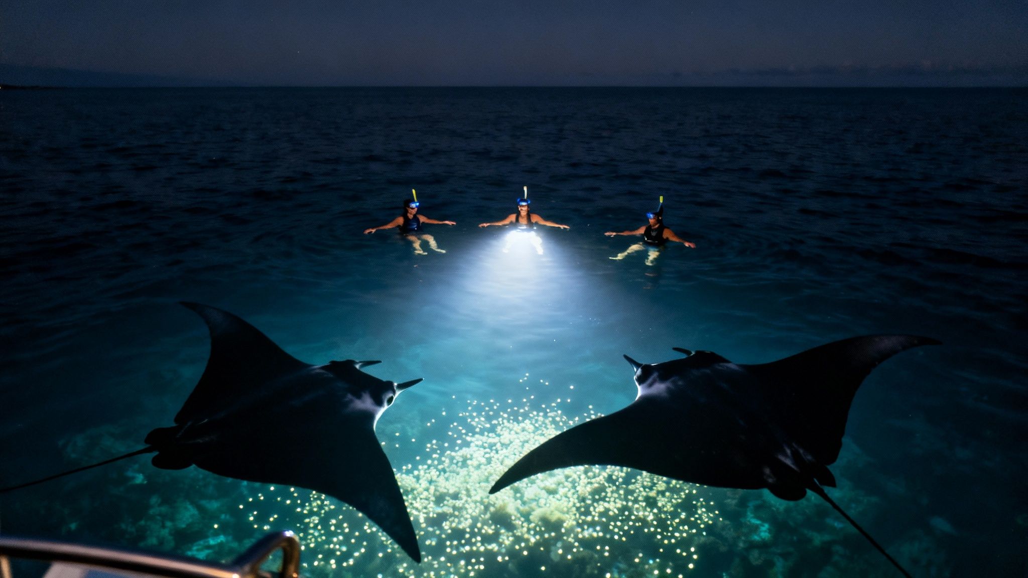 Three snorkelers watch two giant manta rays illuminated underwater at night.