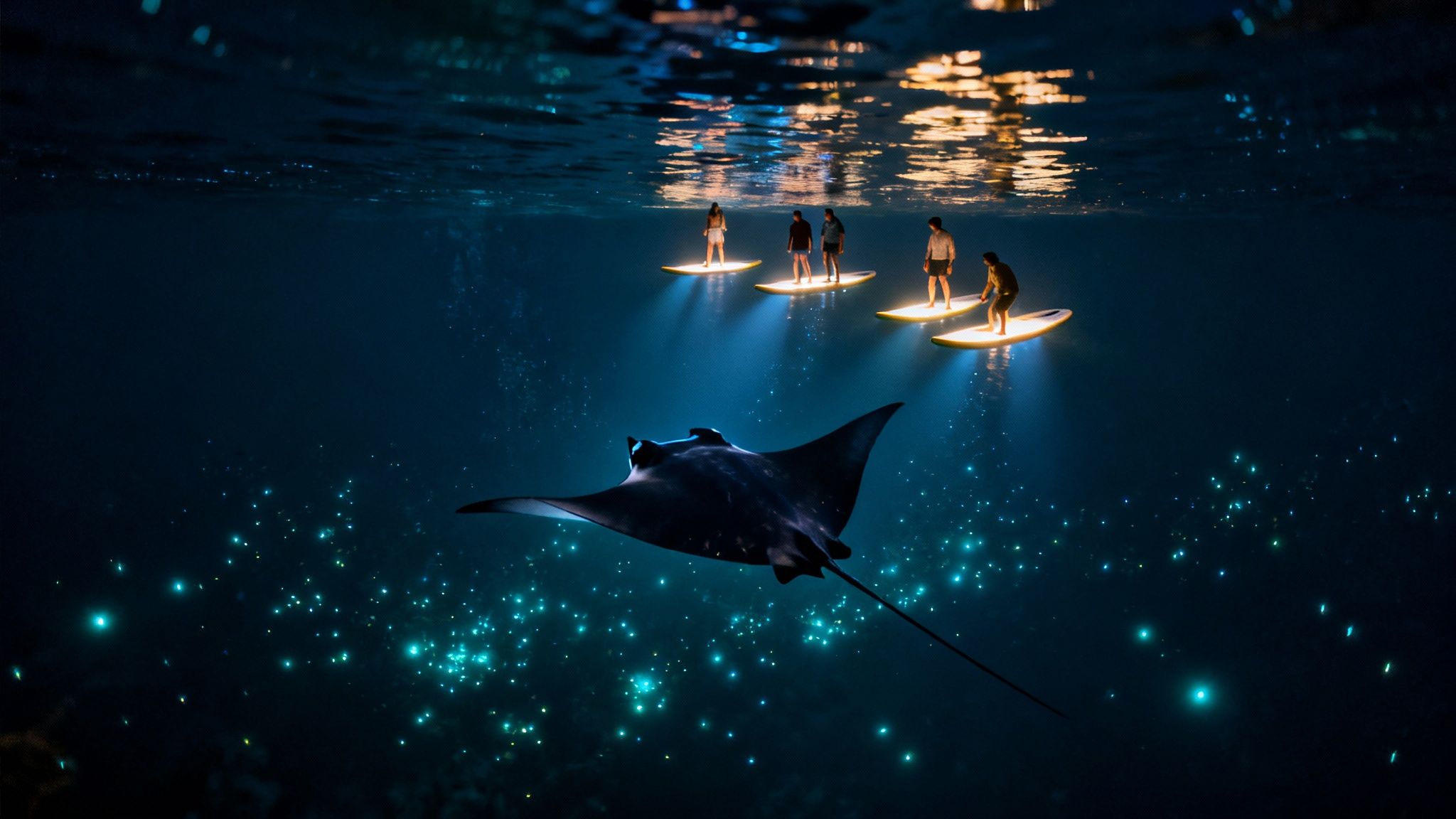 People on illuminated surfboards observe a majestic manta ray in a dark, bioluminescent ocean at night.