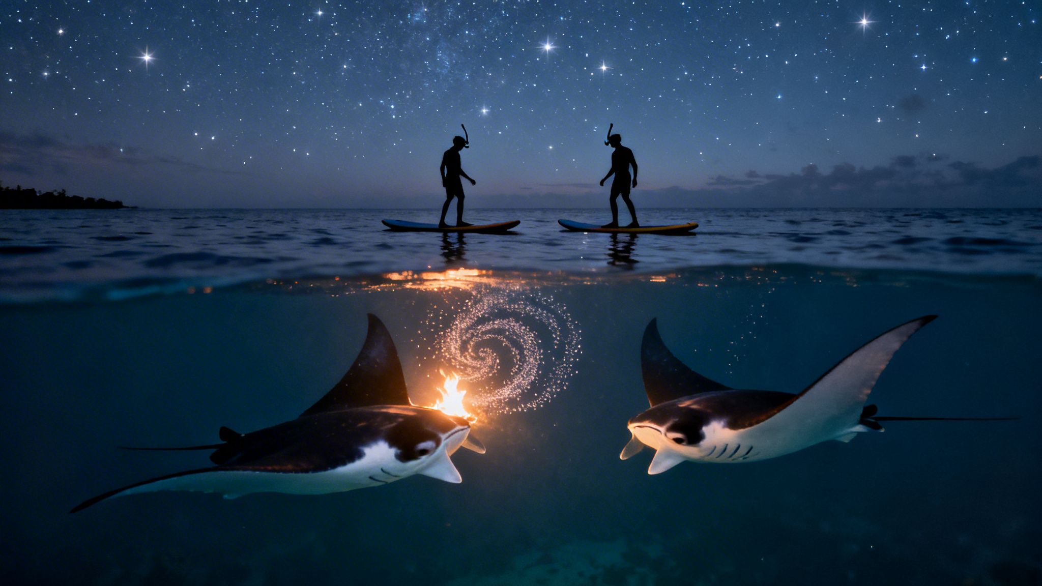 Two people paddleboard under a starry night sky, observing glowing manta rays underwater.