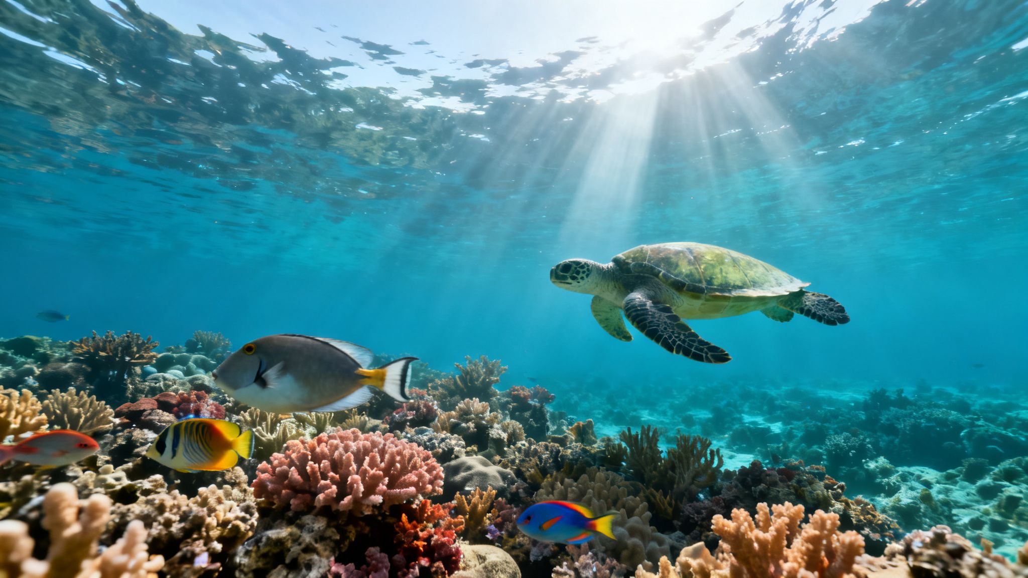 An underwater scene with a green sea turtle swimming above a colorful coral reef and tropical fish.