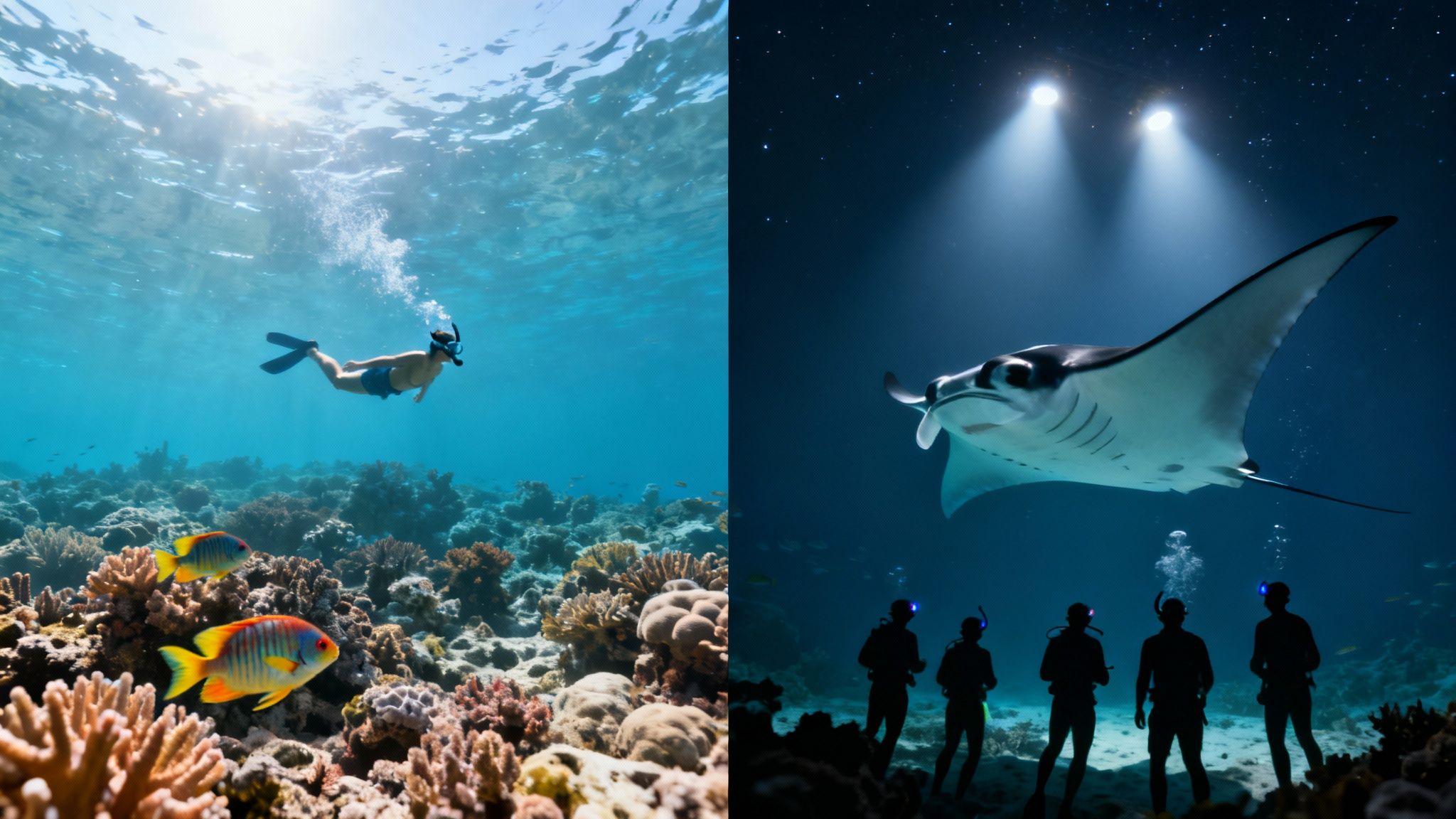 A split shot showing a snorkeler on the surface and manta rays swimming below at night