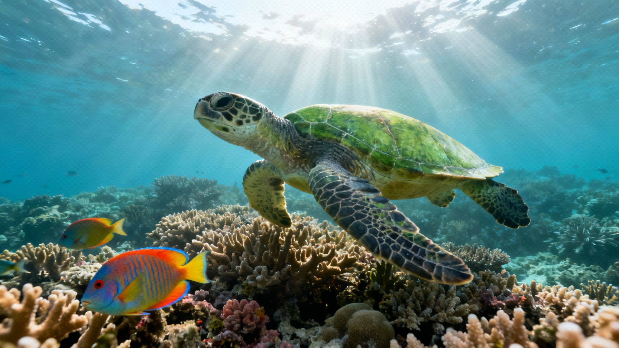 A magnificent green sea turtle glides over a beautiful coral reef illuminated by sunlight.