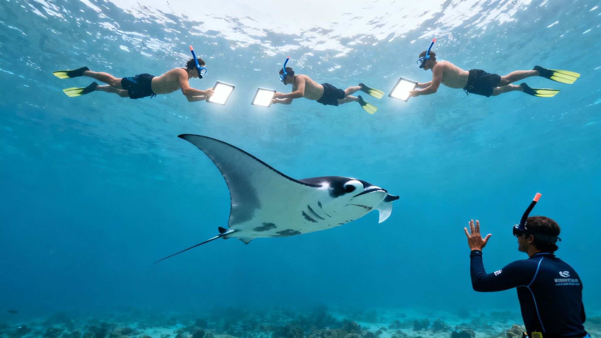 Snorkelers illuminate a majestic manta ray underwater with glowing tablets, observed by another diver.
