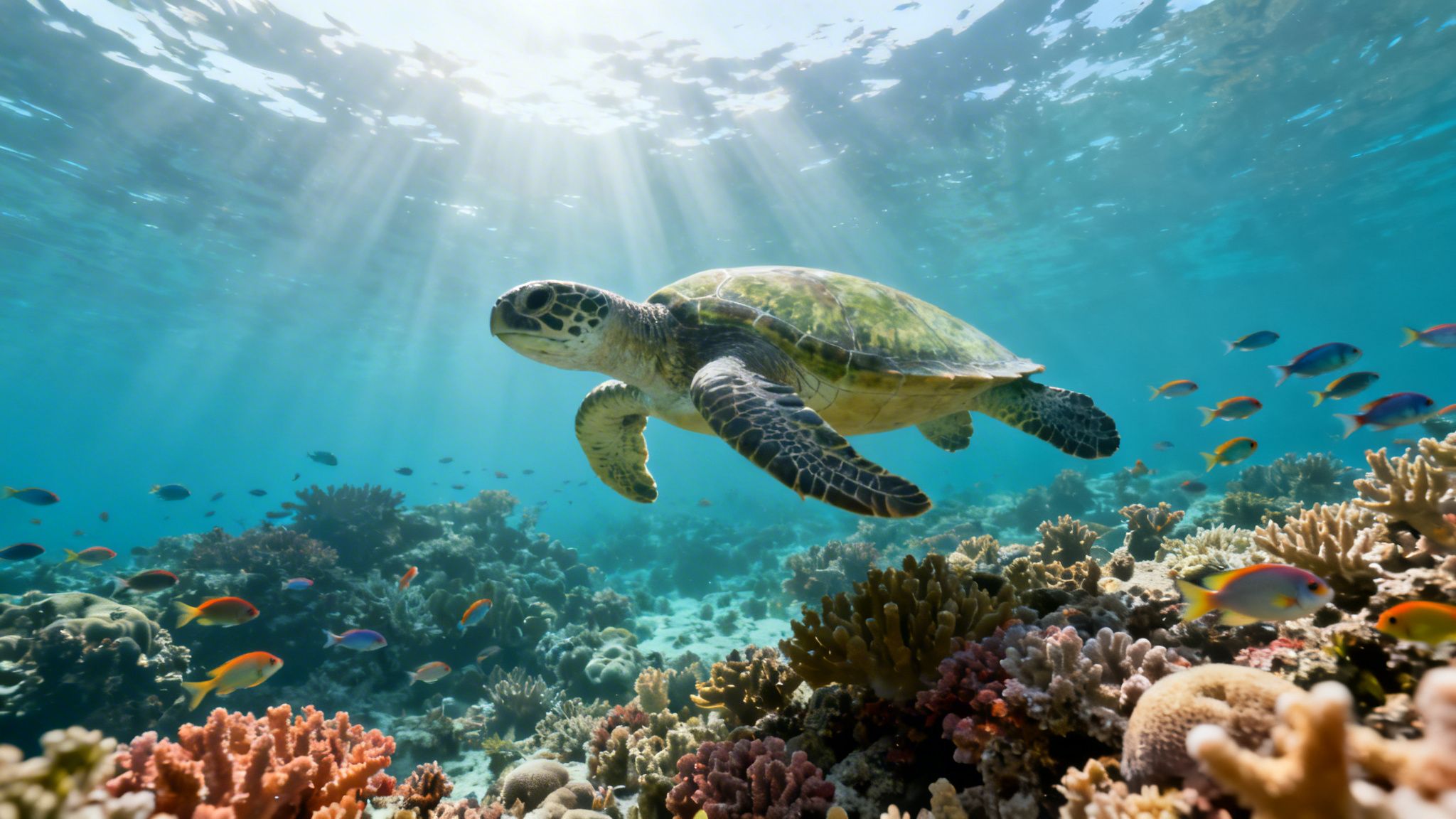 Green sea turtle gracefully swims above a vibrant coral reef teeming with colorful fish and sunlight.