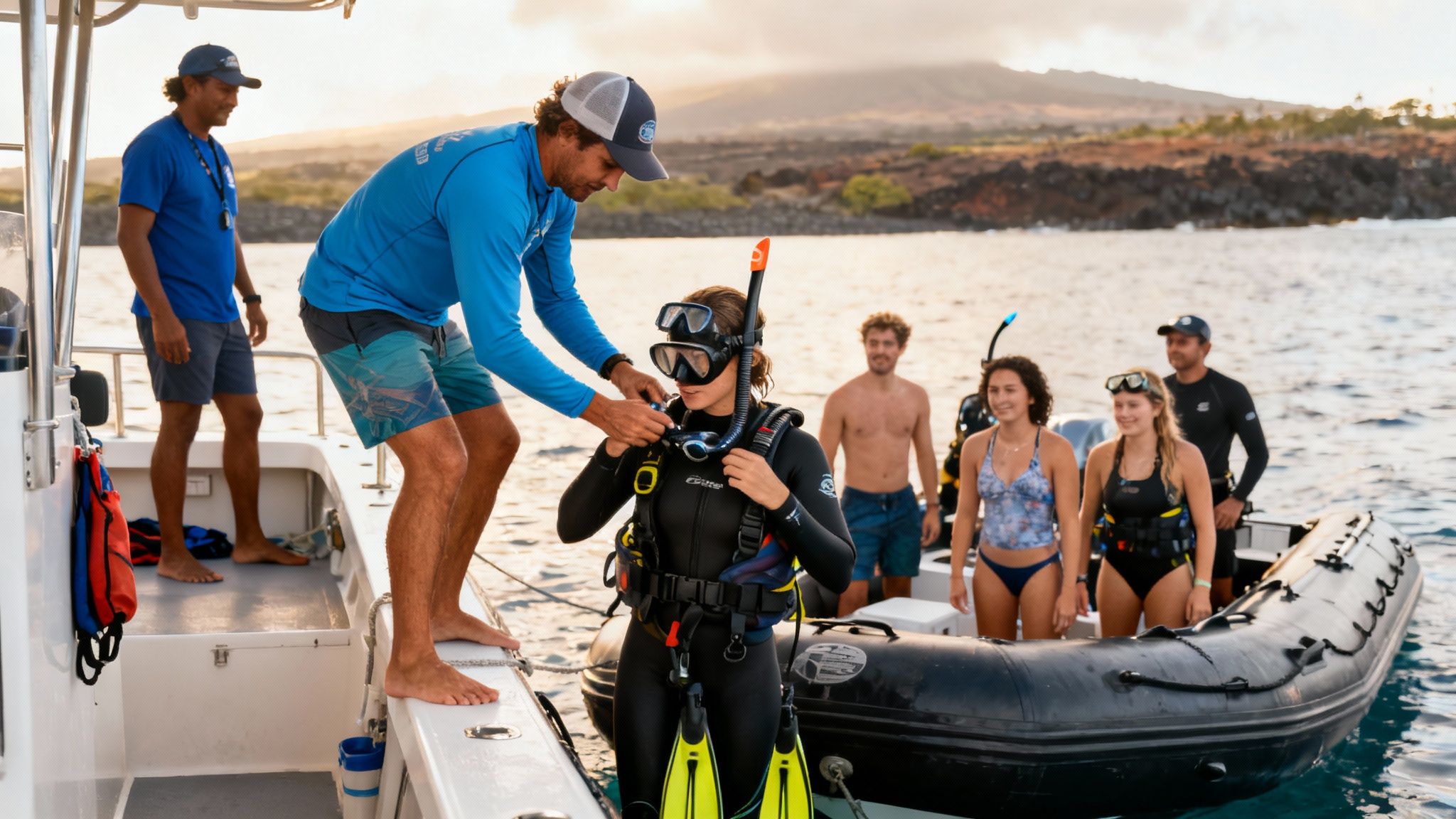 A man helps a woman in a wetsuit prepare her diving gear on a boat, with other people nearby.