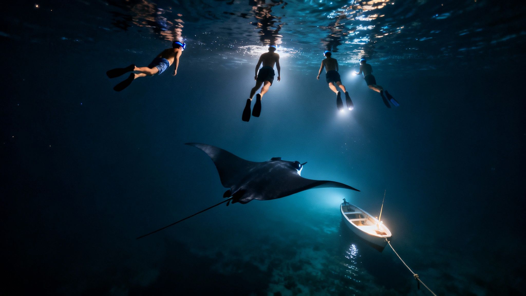 Four divers snorkel at night watching a giant manta ray near a small, illuminated boat.