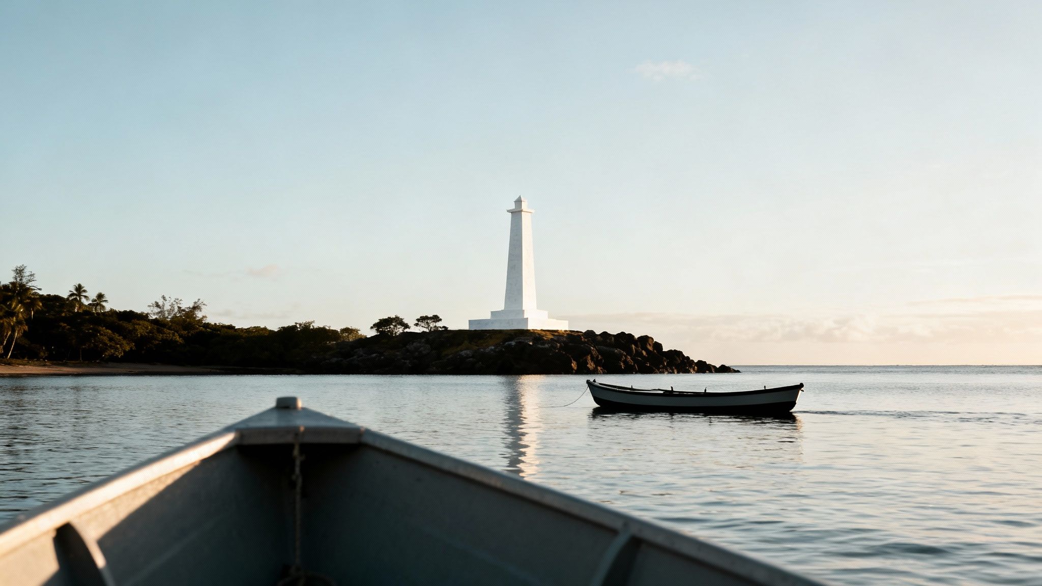 The white Captain Cook Monument obelisk standing on the shore of Kealakekua Bay.