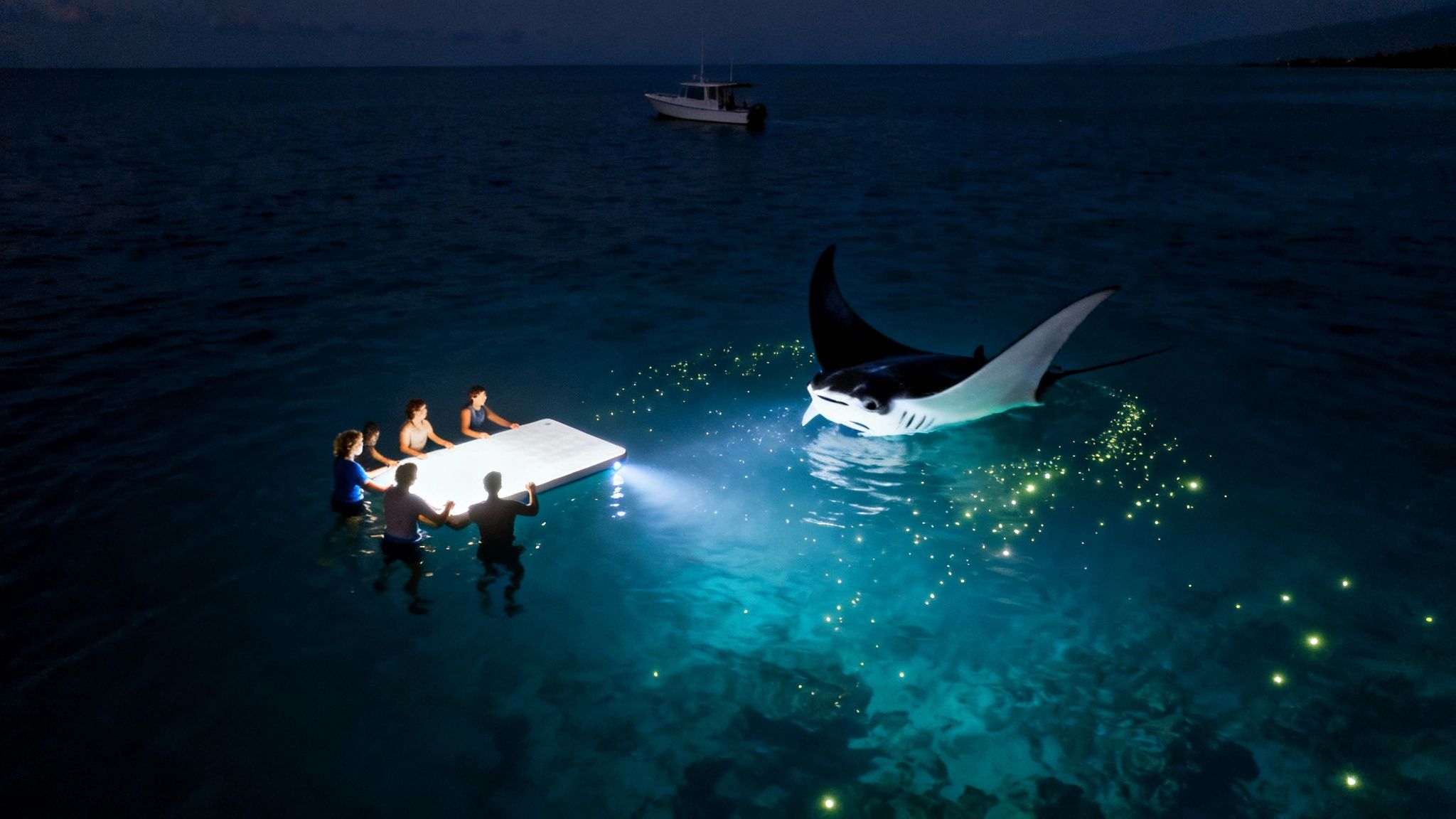 People on a floating platform at night observe a manta ray in bioluminescent water.