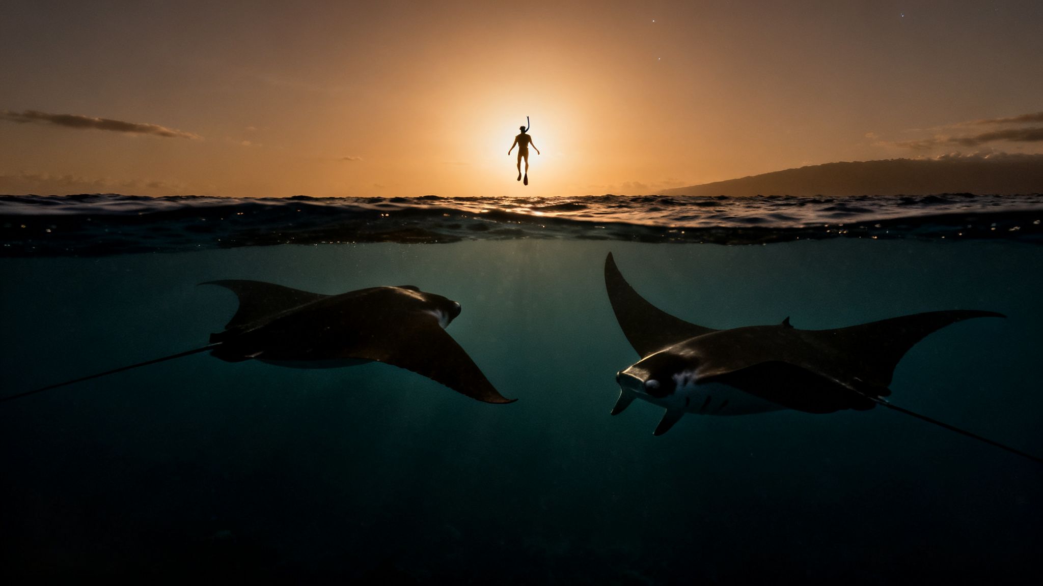 Underwater view of two manta rays with a snorkeler silhouetted against a vibrant sunset sky.