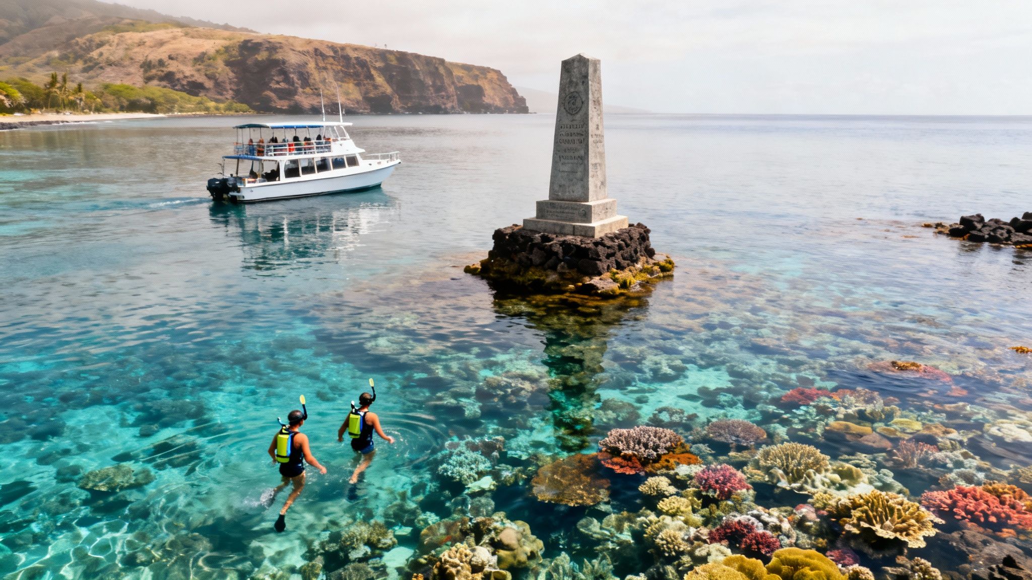 Snorkelers exploring the clear waters near the Captain Cook Monument in Kealakekua Bay.
