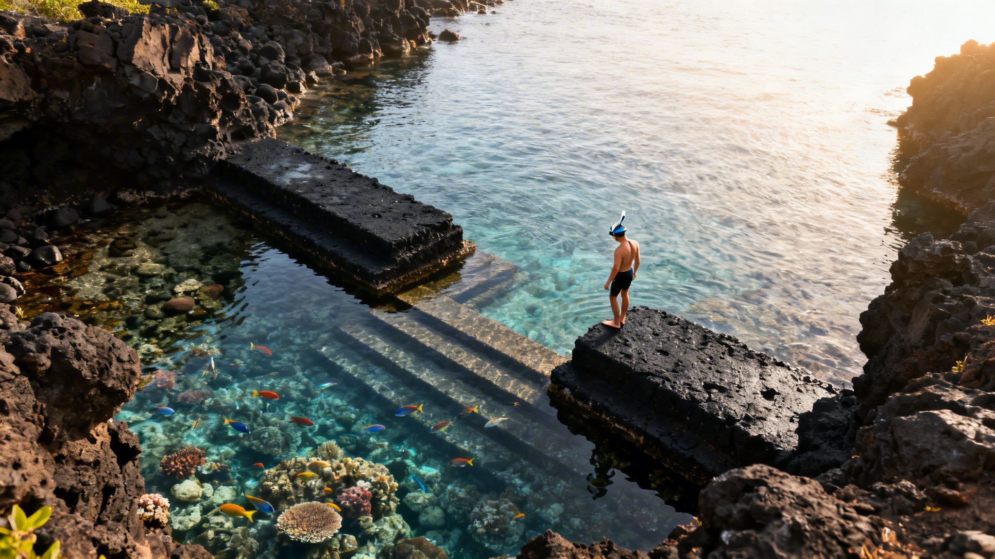 A person with snorkeling gear stands on a volcanic rock edge, overlooking a vibrant natural pool with colorful fish and coral.