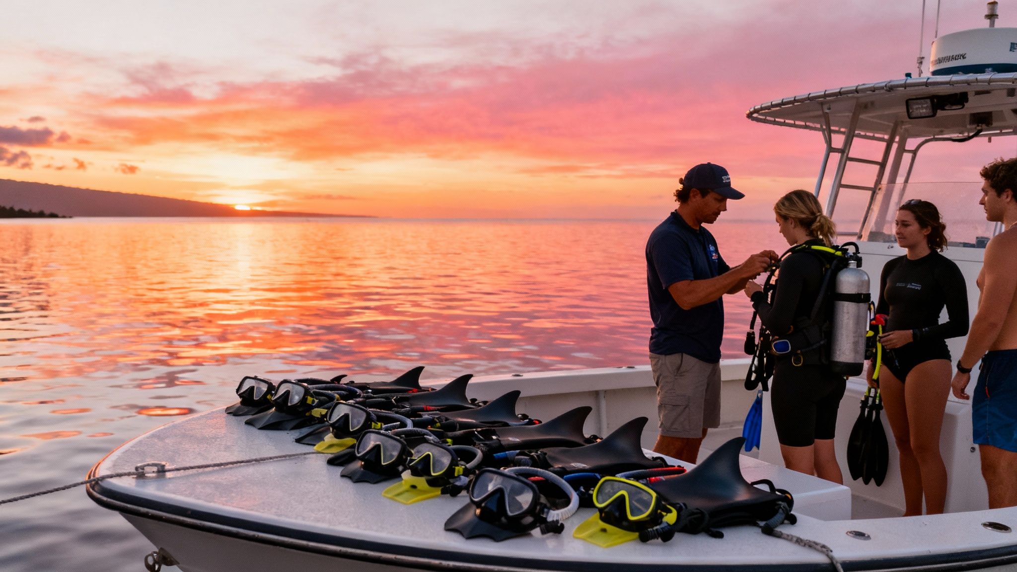 A group of people on a boat preparing for a snorkel or dive during a vibrant sunset.