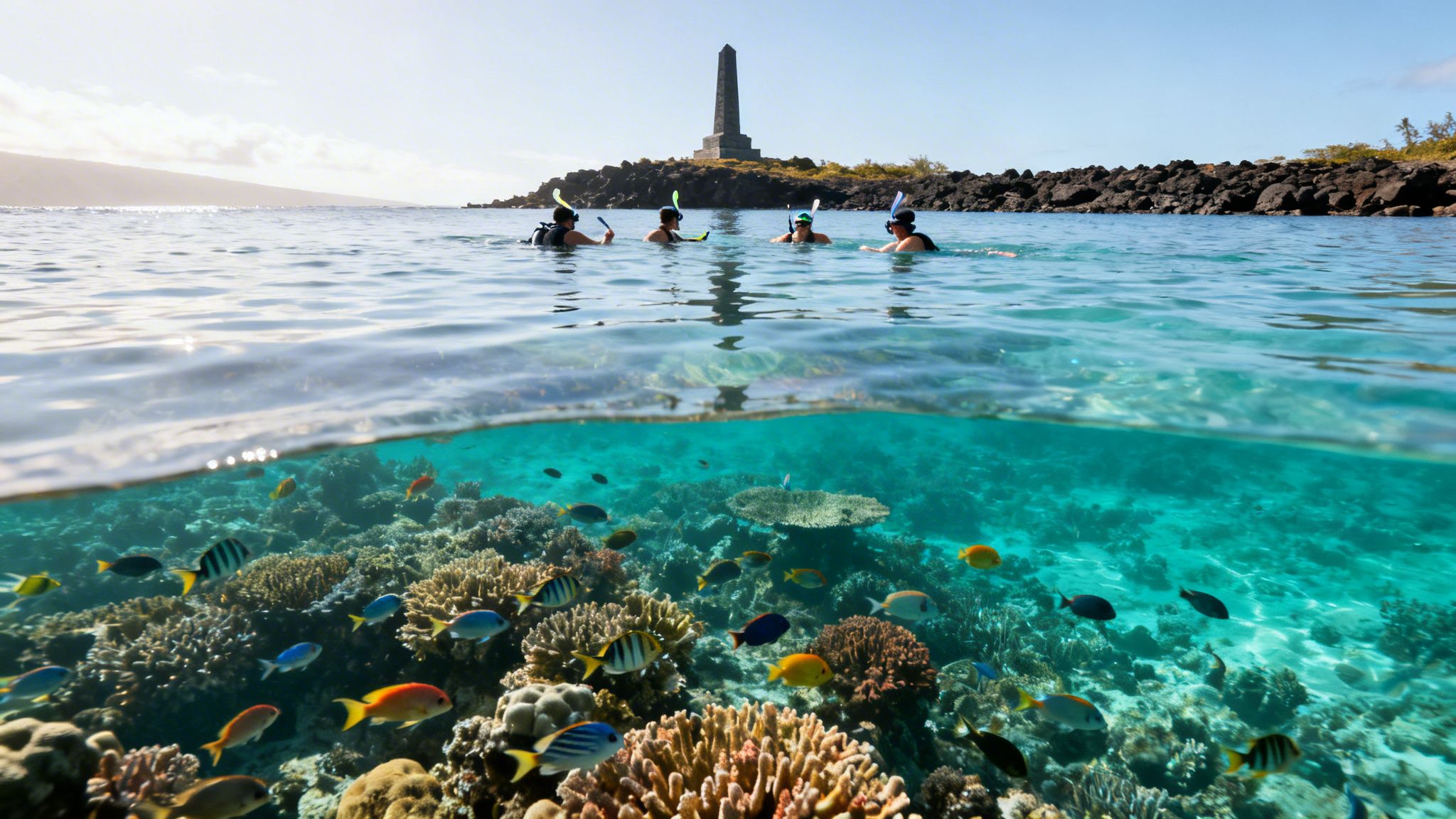 Split view showing people snorkeling near an island monument above water, and a vibrant coral reef with colorful fish below.