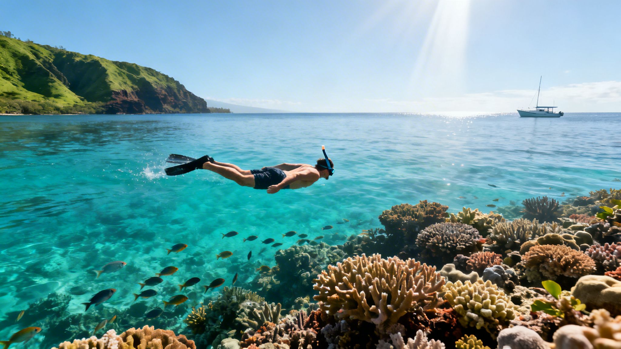A person snorkeling over a vibrant coral reef filled with fish, a green island, and a boat.