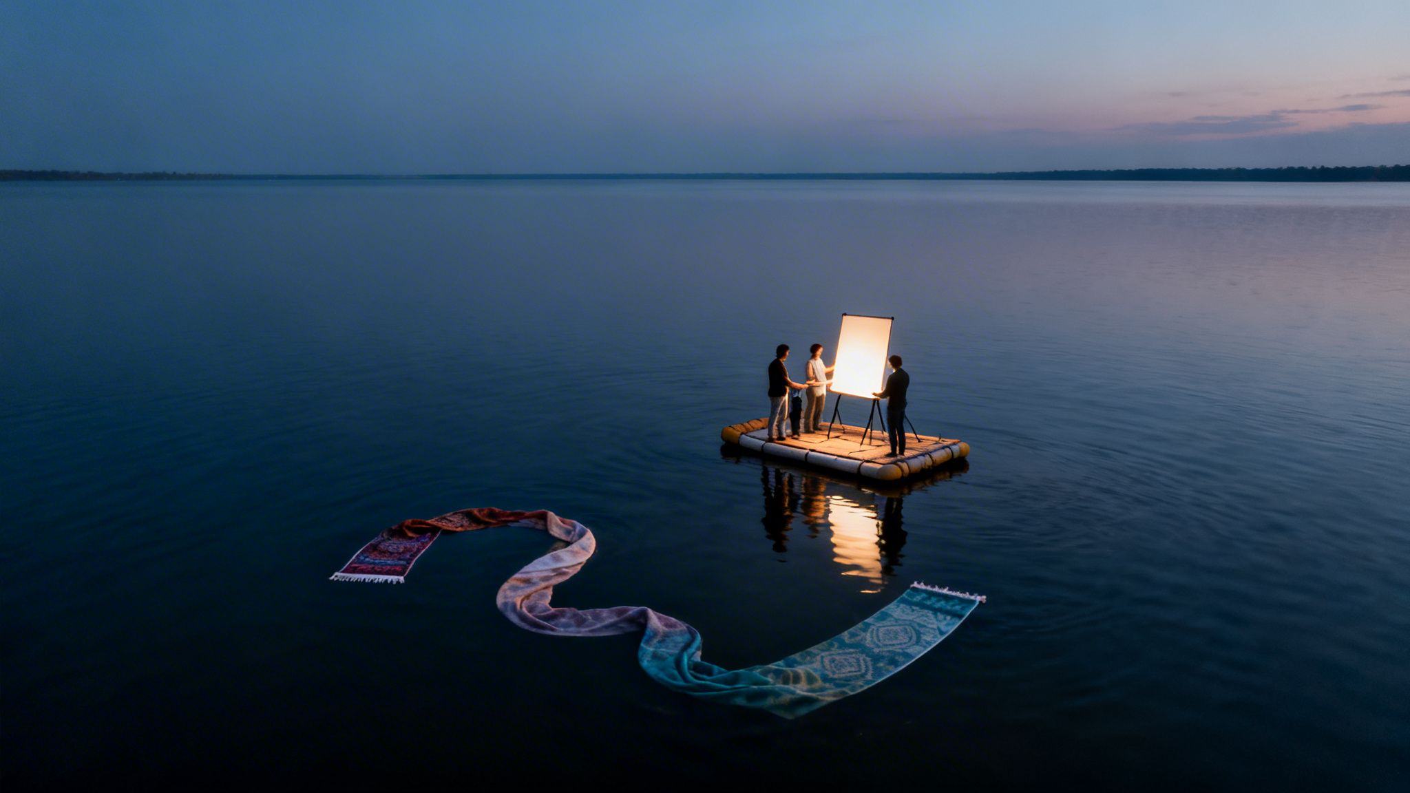Three people on a raft with a glowing screen, and patterned rugs floating on calm water at dusk.