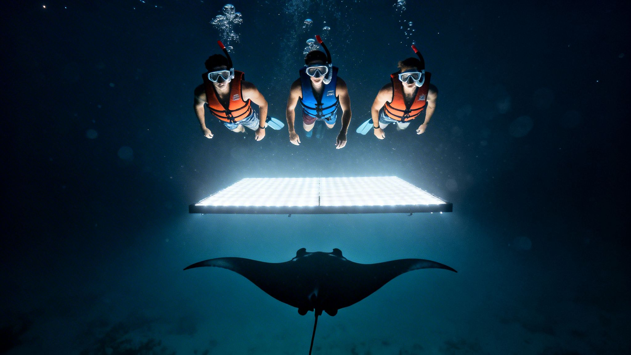 Three snorkelers observe a majestic manta ray beneath an illuminated underwater light.