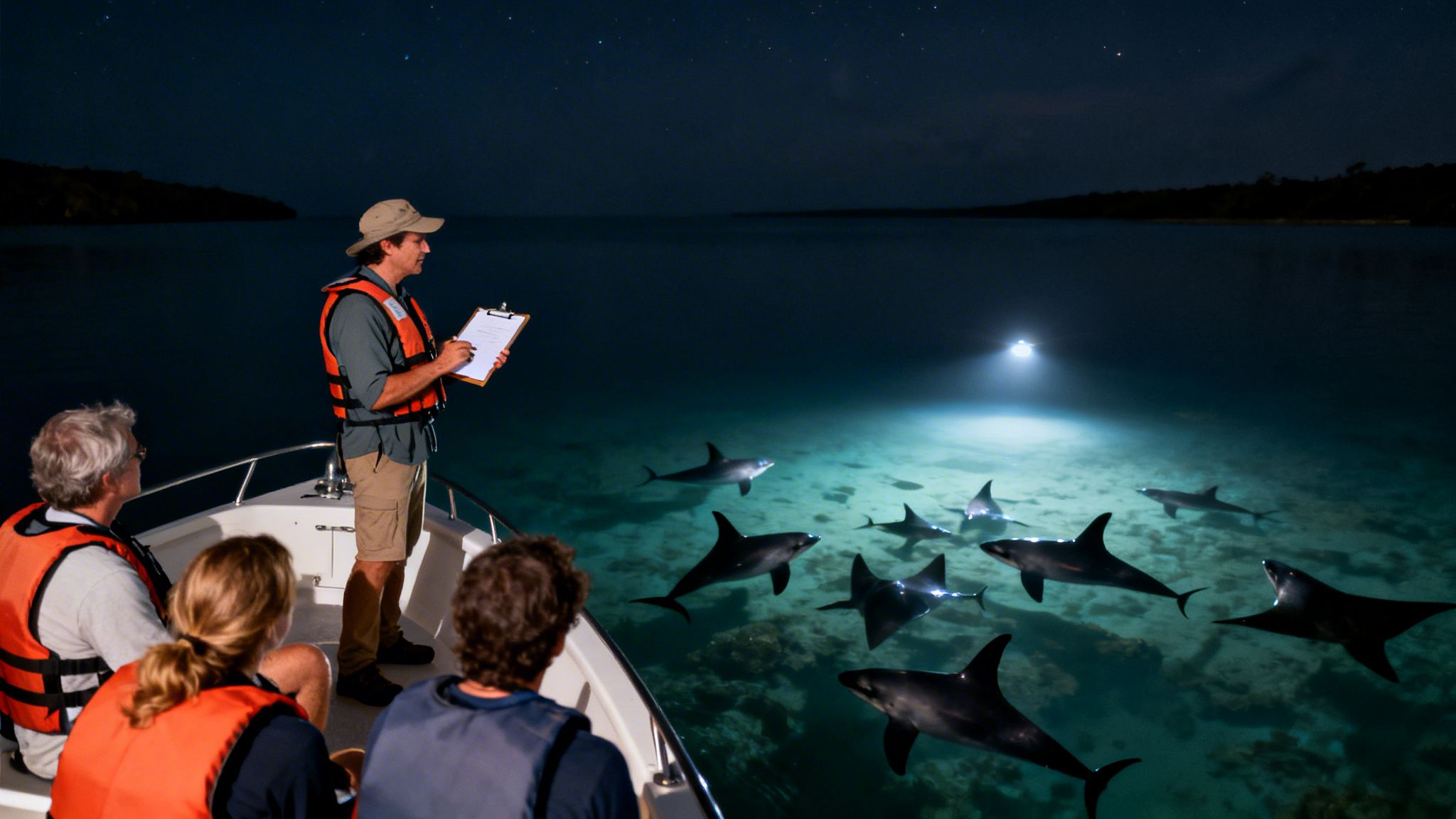 People on a boat at night observing sharks in clear, illuminated ocean water.