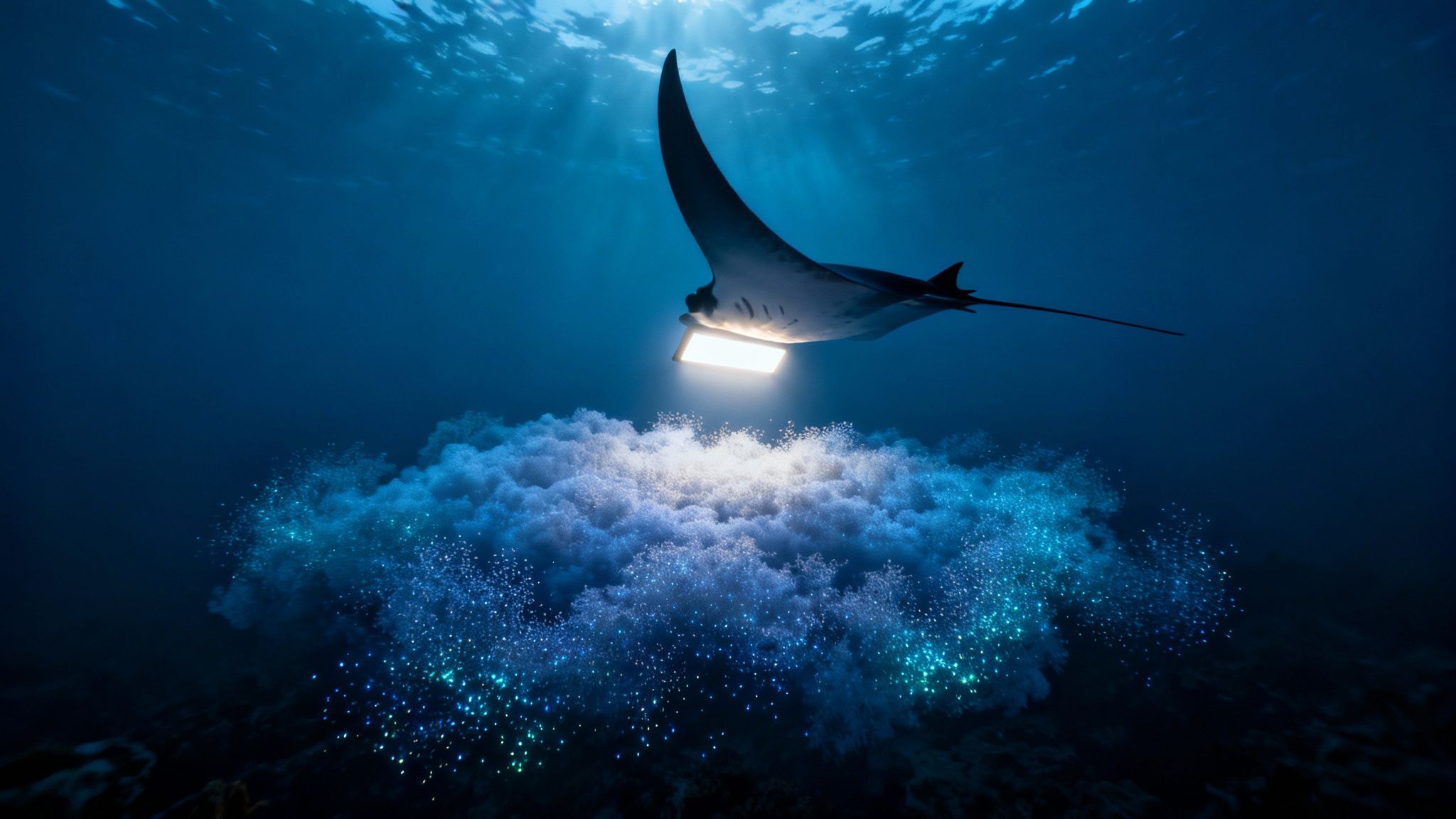 A majestic manta ray glides underwater, its belly glowing, casting light on a field of sparkling marine life.