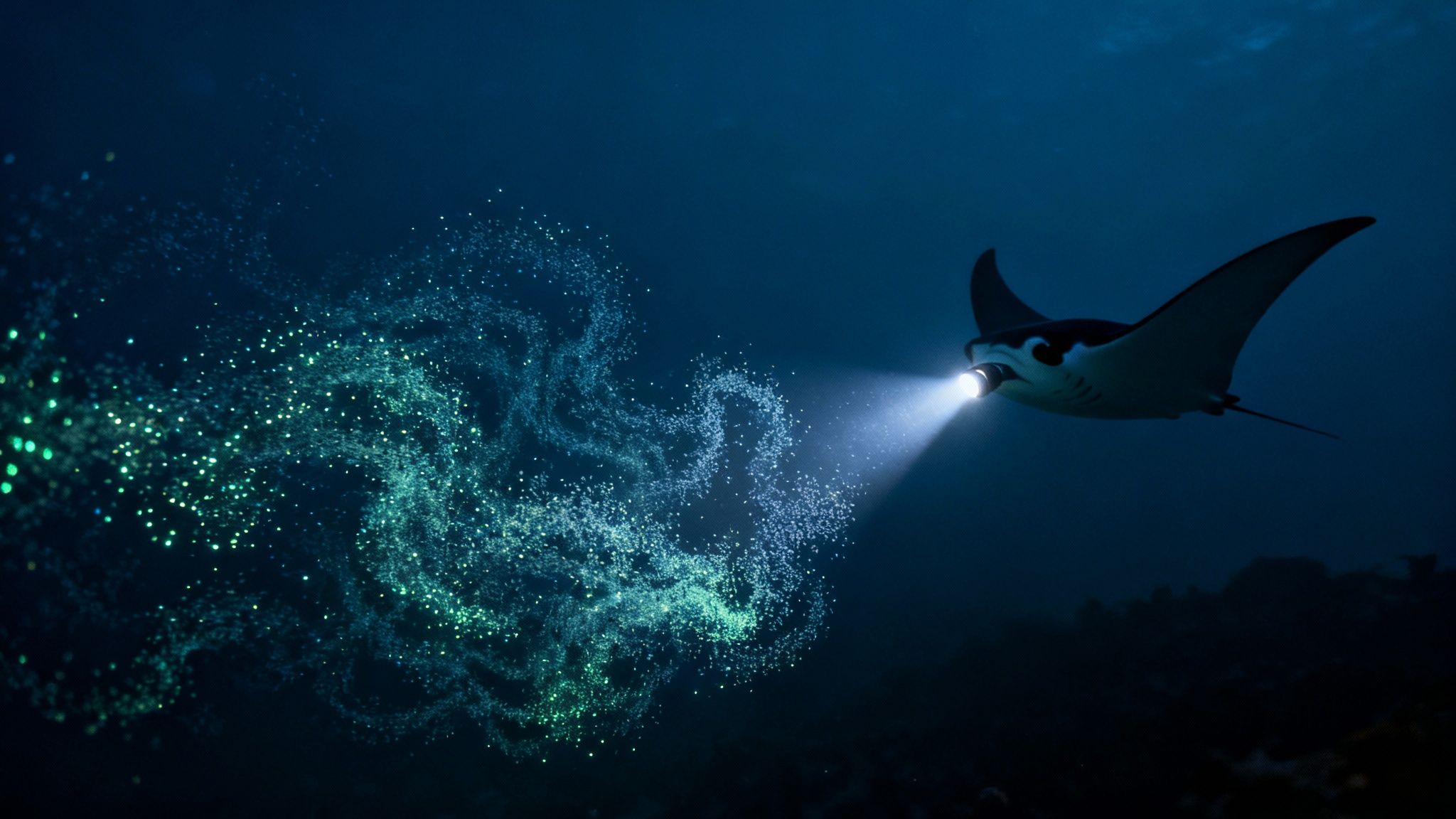 A majestic manta ray illuminates a vibrant cloud of glowing bioluminescent plankton underwater.