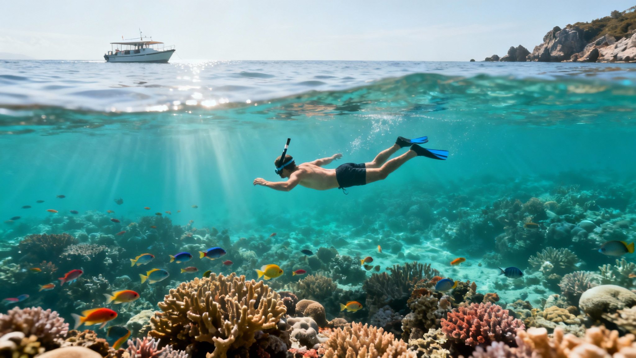 A man snorkeling over a vibrant coral reef filled with colorful fish, with a boat on the surface.
