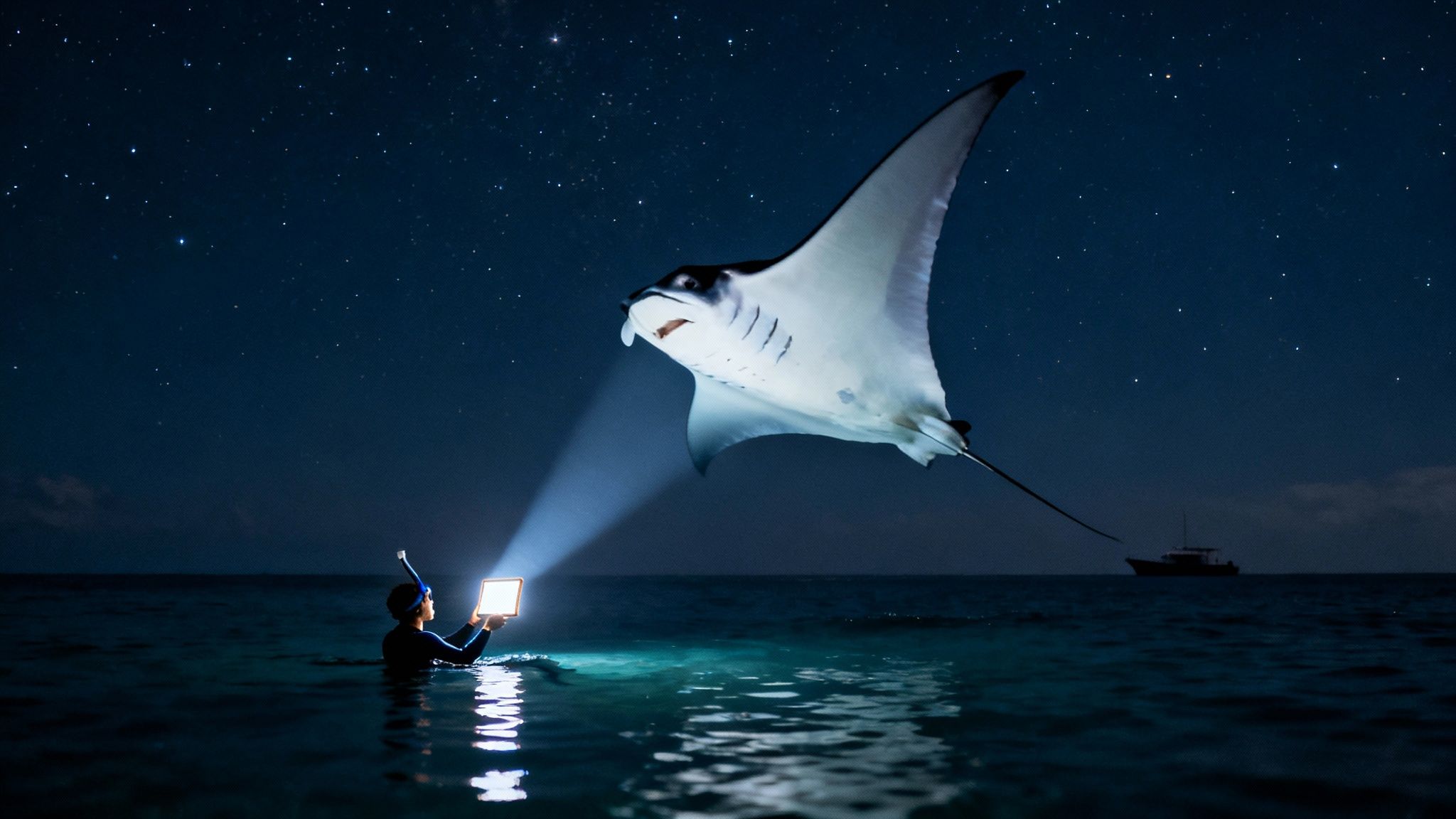 A snorkeler in dark water shines a tablet light on a majestic manta ray under a starry night.