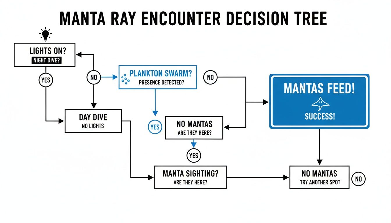 A flowchart detailing a manta ray encounter decision tree for night and day dives.