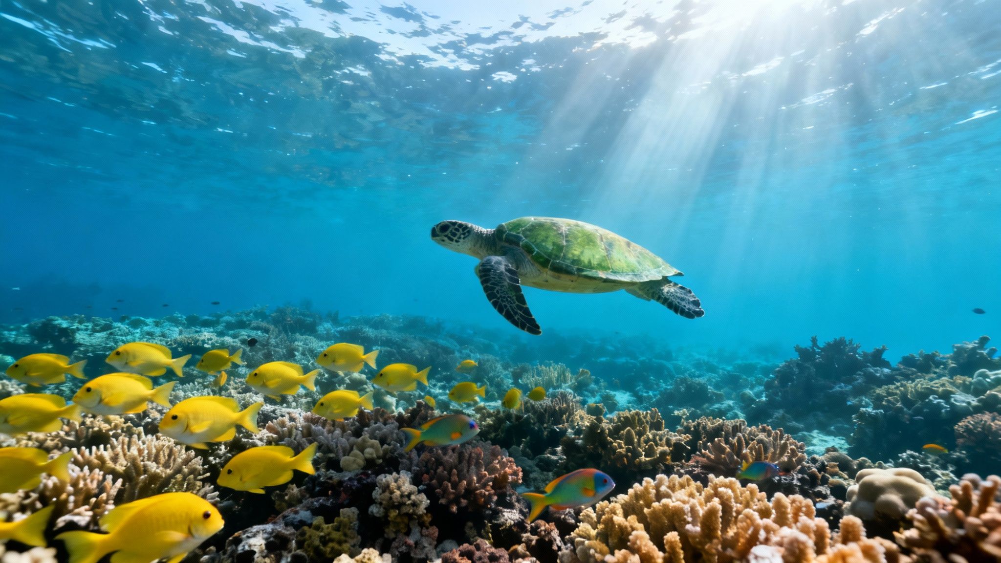 Green sea turtle swims above a vibrant coral reef with schools of yellow fish, sun rays piercing blue water.