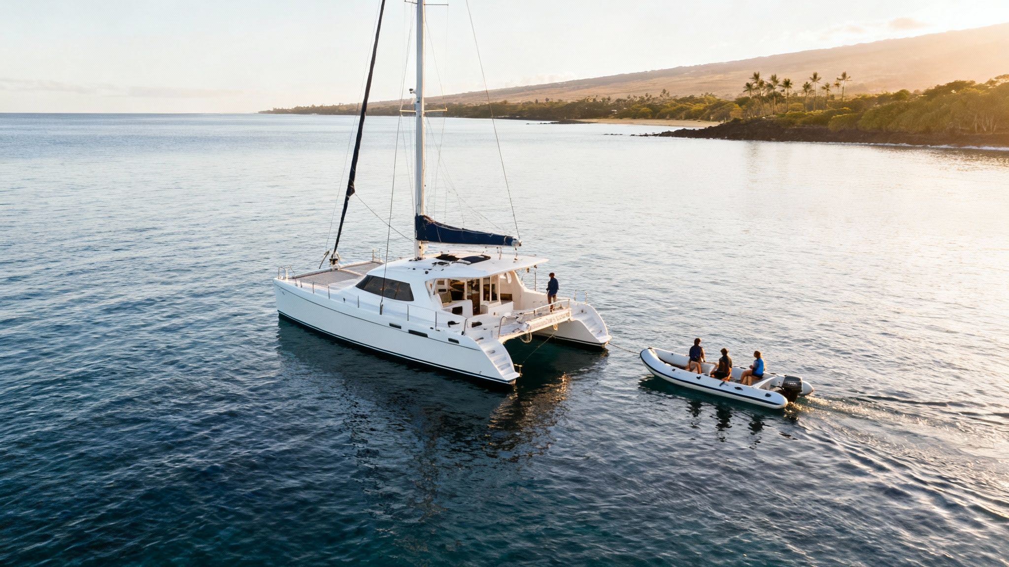 An aerial view of a white catamaran and an inflatable dinghy with people in calm tropical waters at sunset.