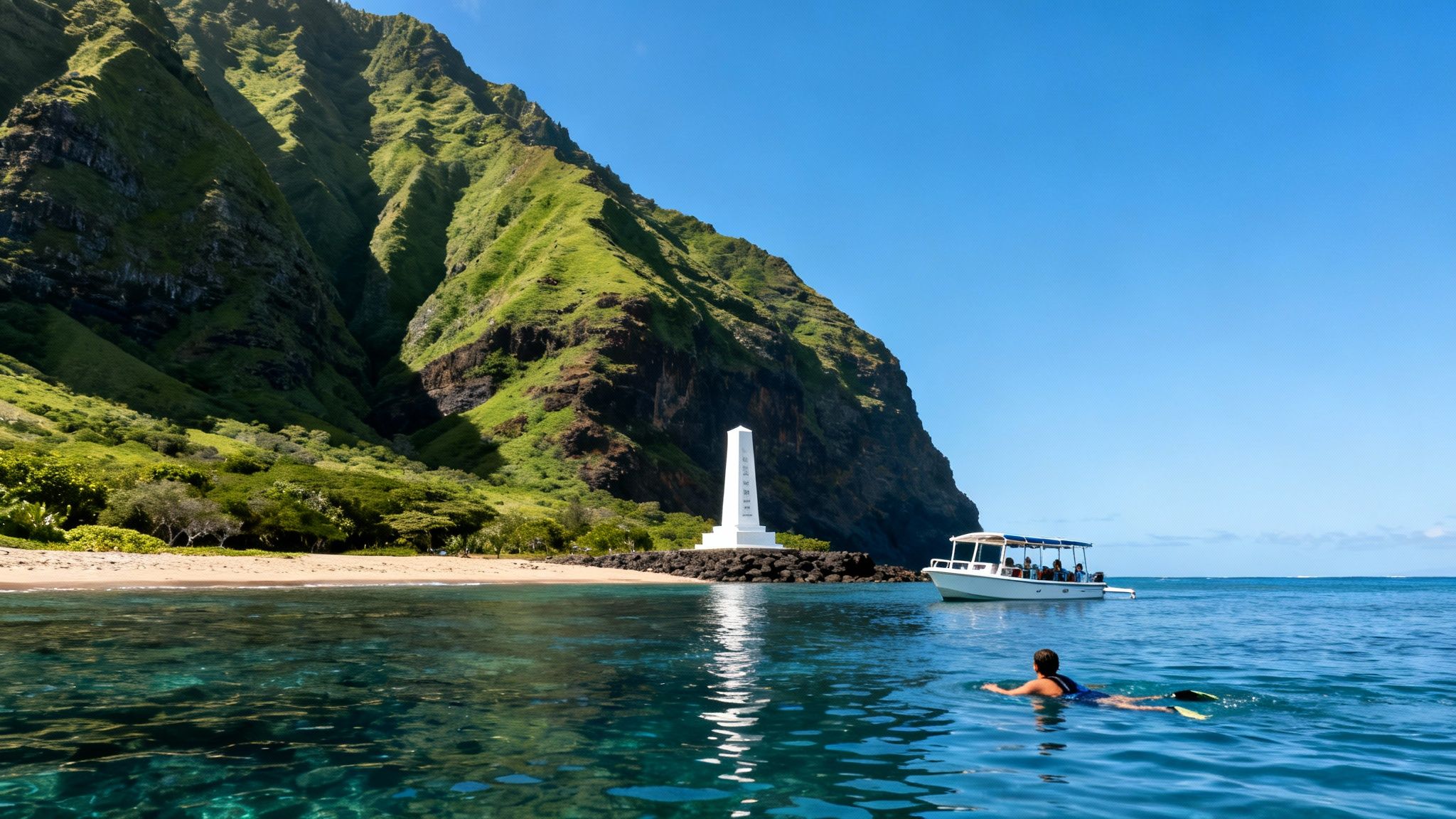 A snorkeler swims in clear Hawaiian waters near a tour boat, a white monument, and green mountains.