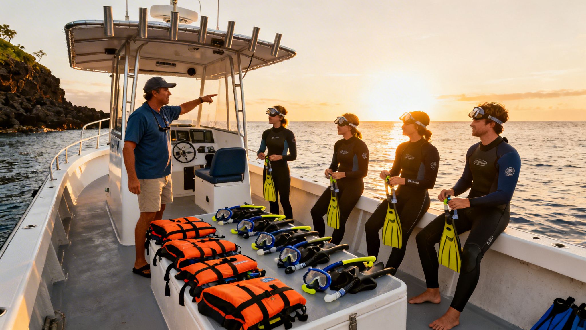 A boat captain points while a group of snorkelers with gear sit on a boat at sunset.