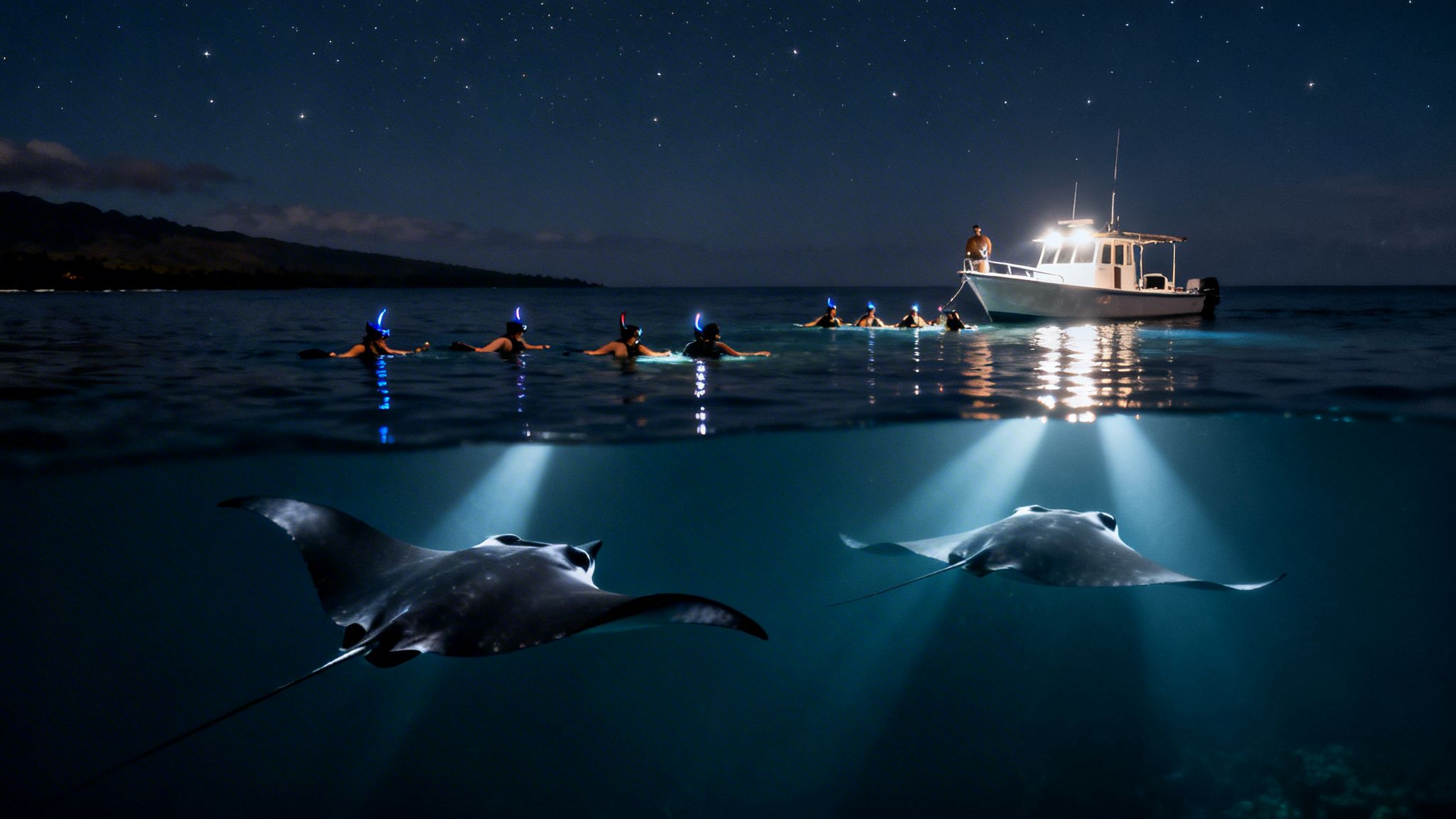 Manta ray night snorkelers with boat lights illuminating two manta rays under a starry sky.