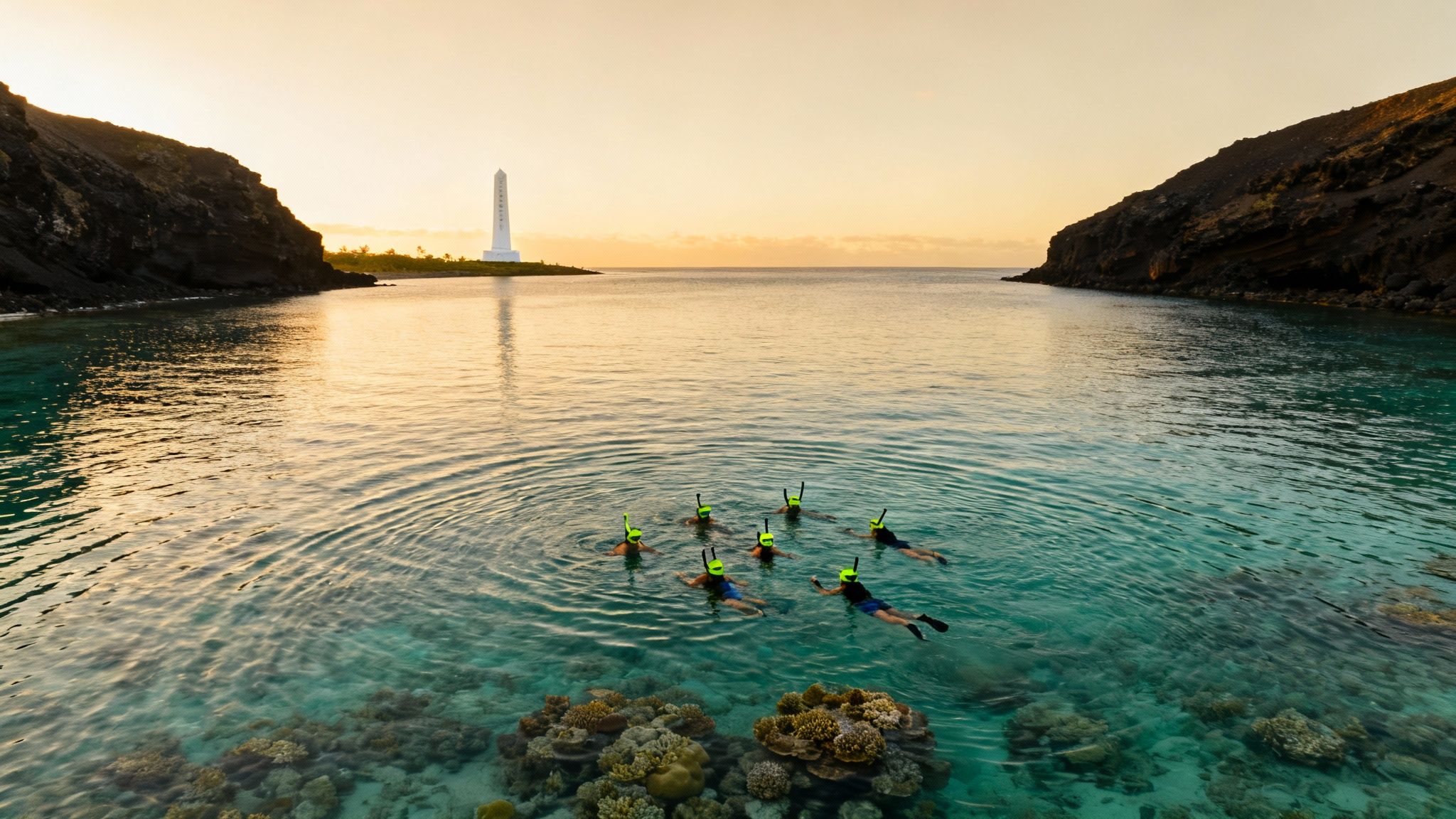 A group of people snorkel in clear turquoise waters with coral reefs, near a white monument at sunset.