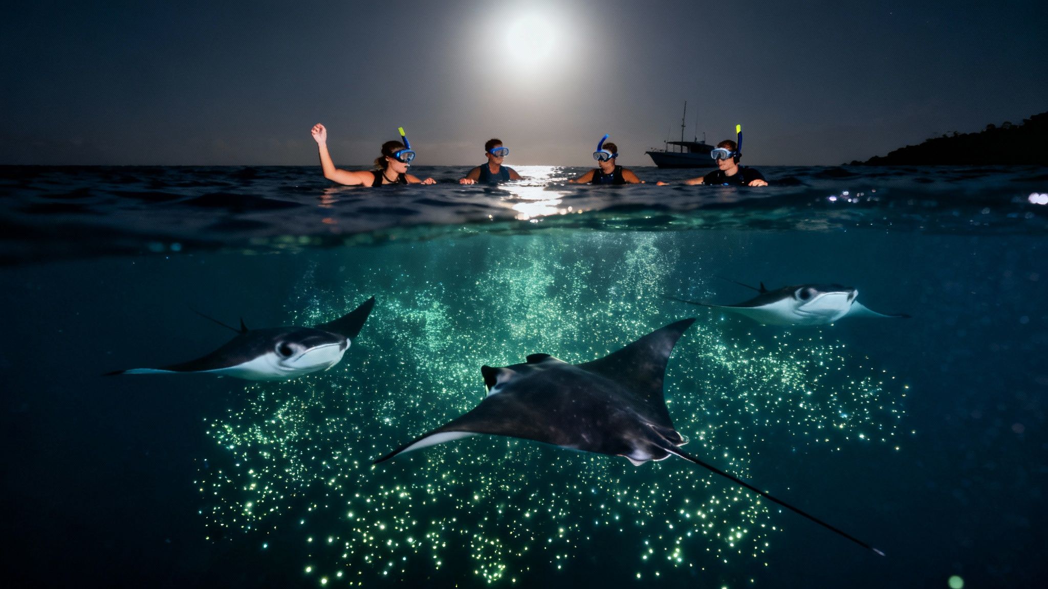 Snorkelers observe manta rays feeding on bioluminescent plankton during night dive tour