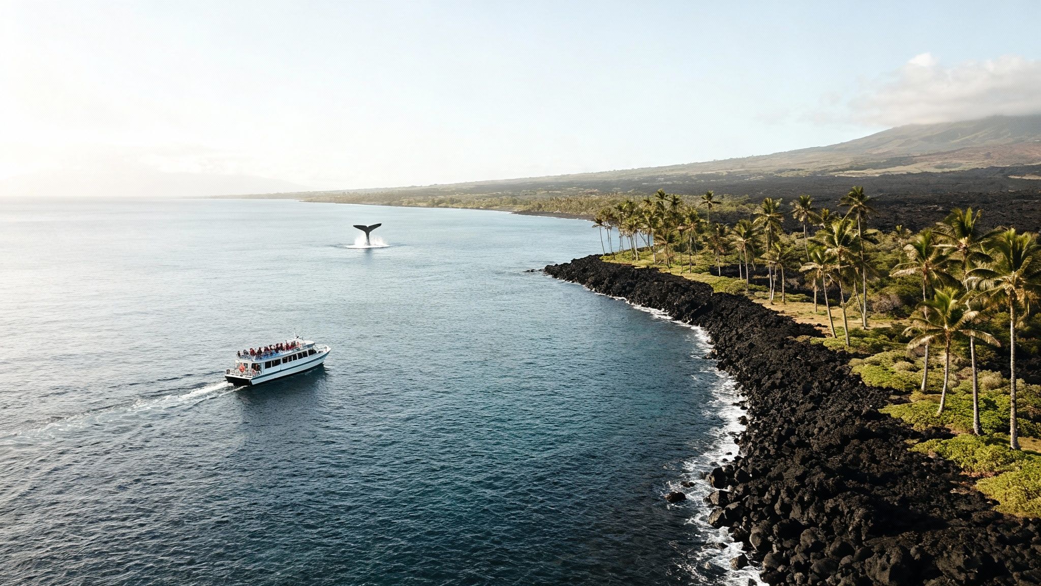 An aerial view of a whale's tail splashing next to a tour boat near a volcanic coastline.