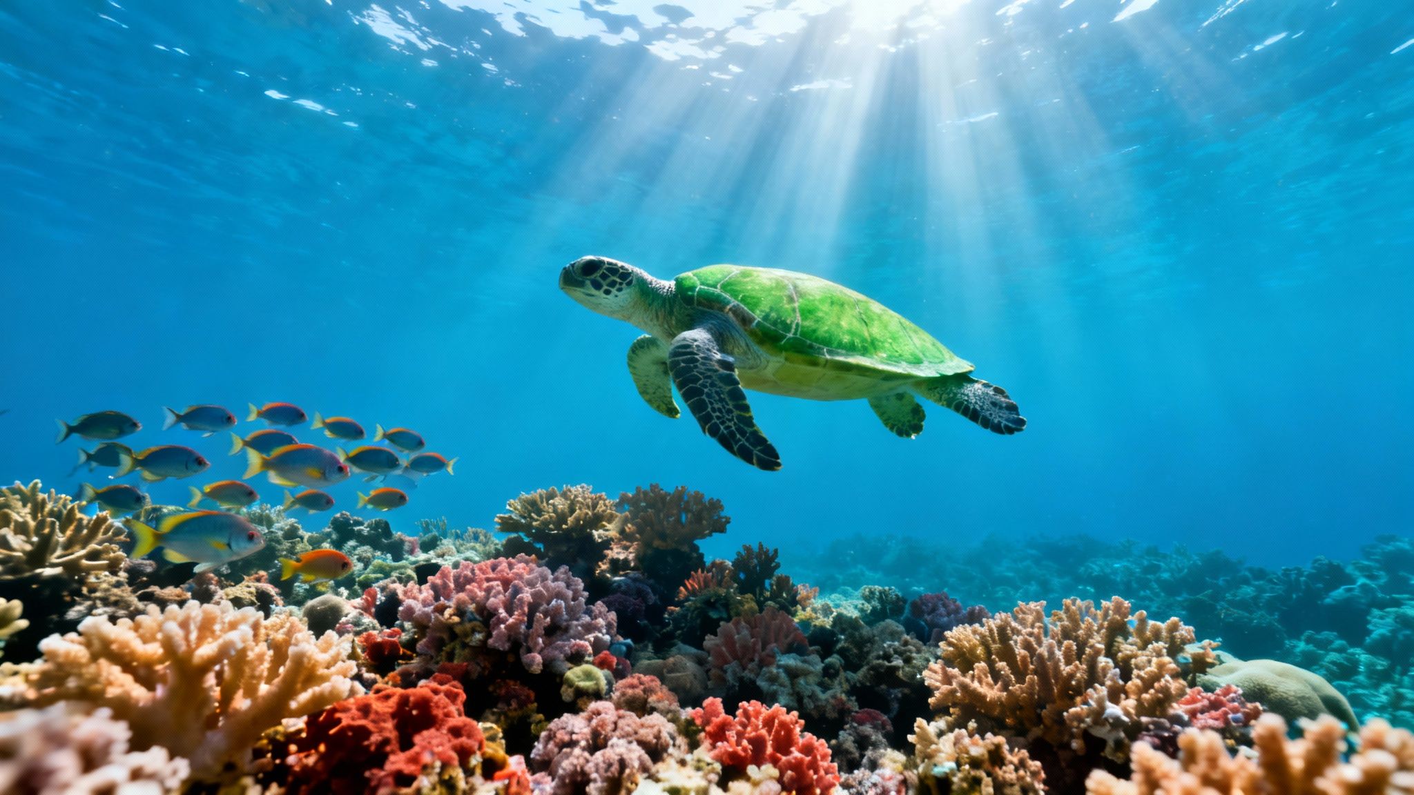 A green sea turtle glides gracefully above a vibrant coral reef teeming with colorful fish, illuminated by sun rays.