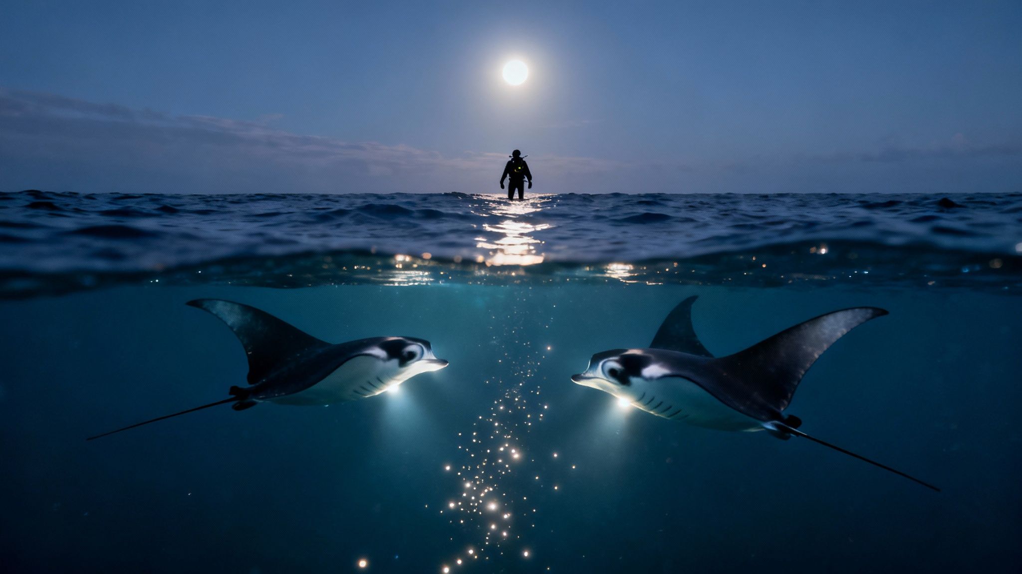 Stunning night scene with a diver and full moon above, two glowing manta rays below ocean surface.