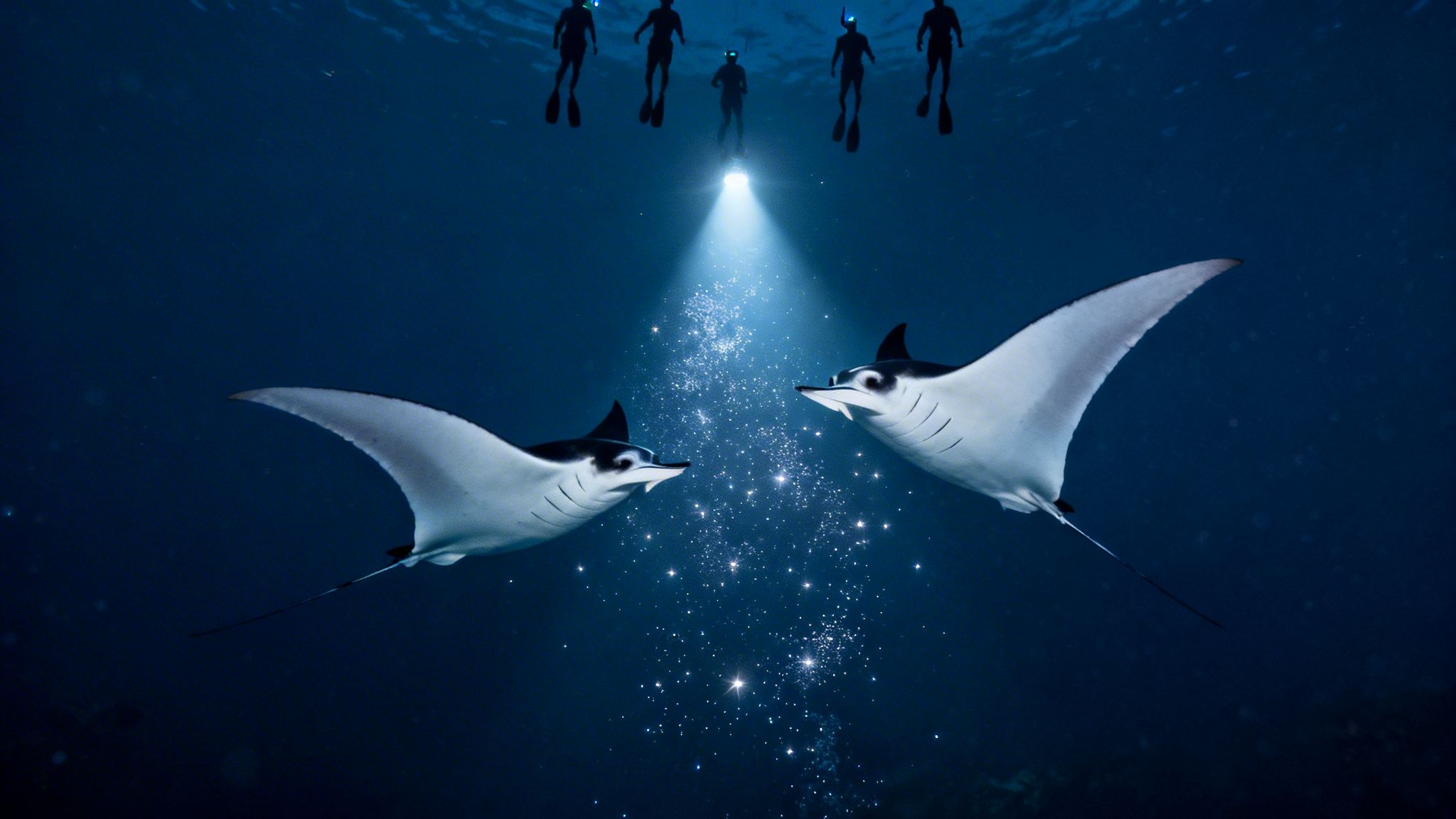 Two elegant manta rays swim beneath divers, illuminated by a bright light beam underwater.