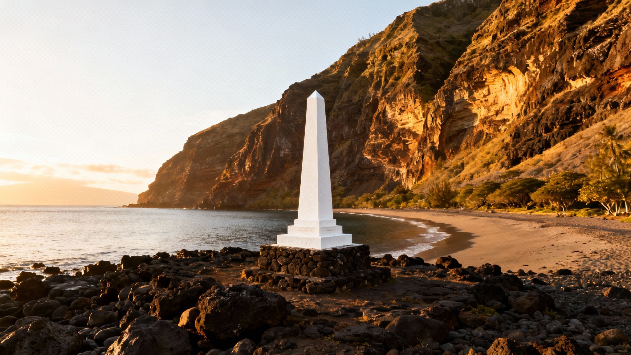 Golden hour light bathes a white obelisk on a rocky shore beside a calm bay and towering cliffs.