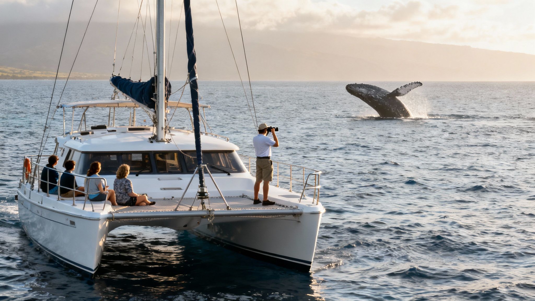 People on a catamaran whale watching as a humpback whale breaches out of the water at sunset.
