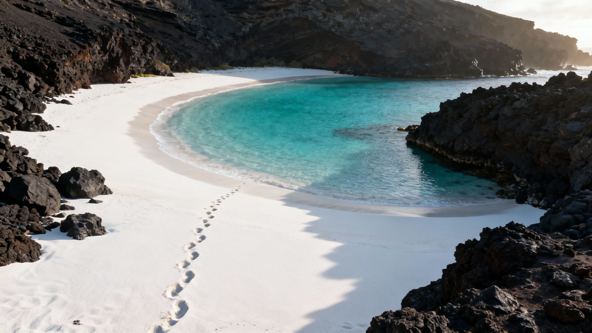 A stunning white sand beach with clear turquoise water surrounded by dark volcanic rocks, showing footprints in the sand.