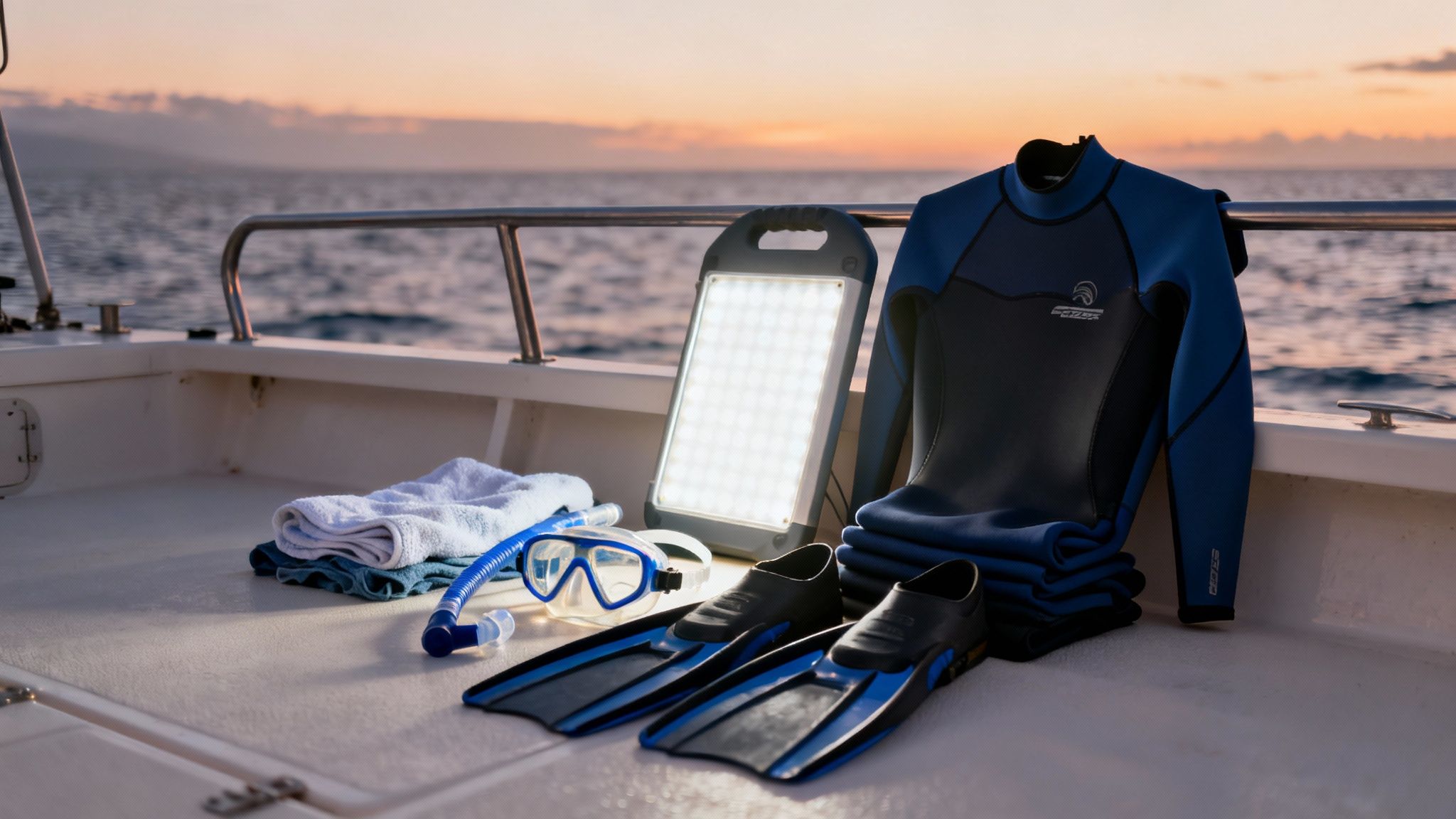 Snorkeling equipment, wetsuit, towels, and a bright light on a boat deck at ocean sunset.