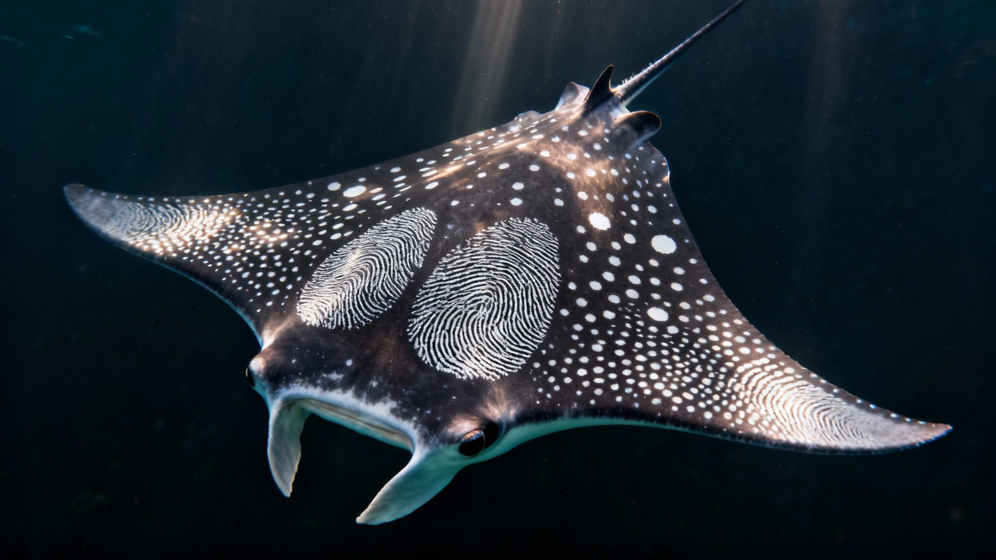 A spotted eagle ray with prominent white fingerprint-like patterns swims in dark ocean water.