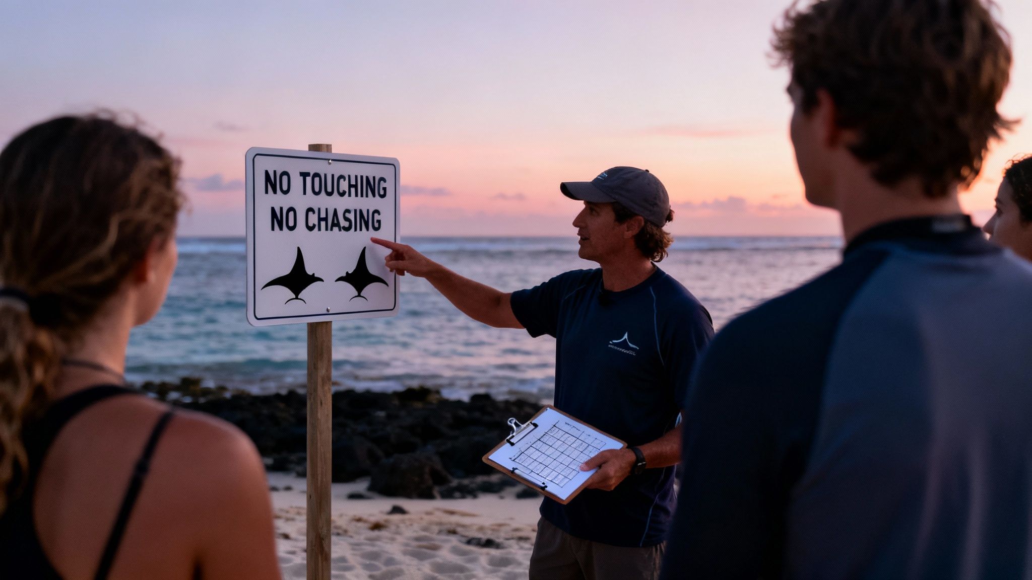 A guide points to a sign warning against touching or chasing manta rays to a group on a beach at sunset.