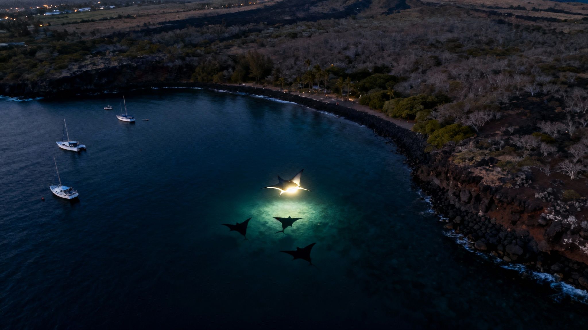 Manta ray gracefully gliding through the illuminated water at night, with snorkelers visible on the surface.