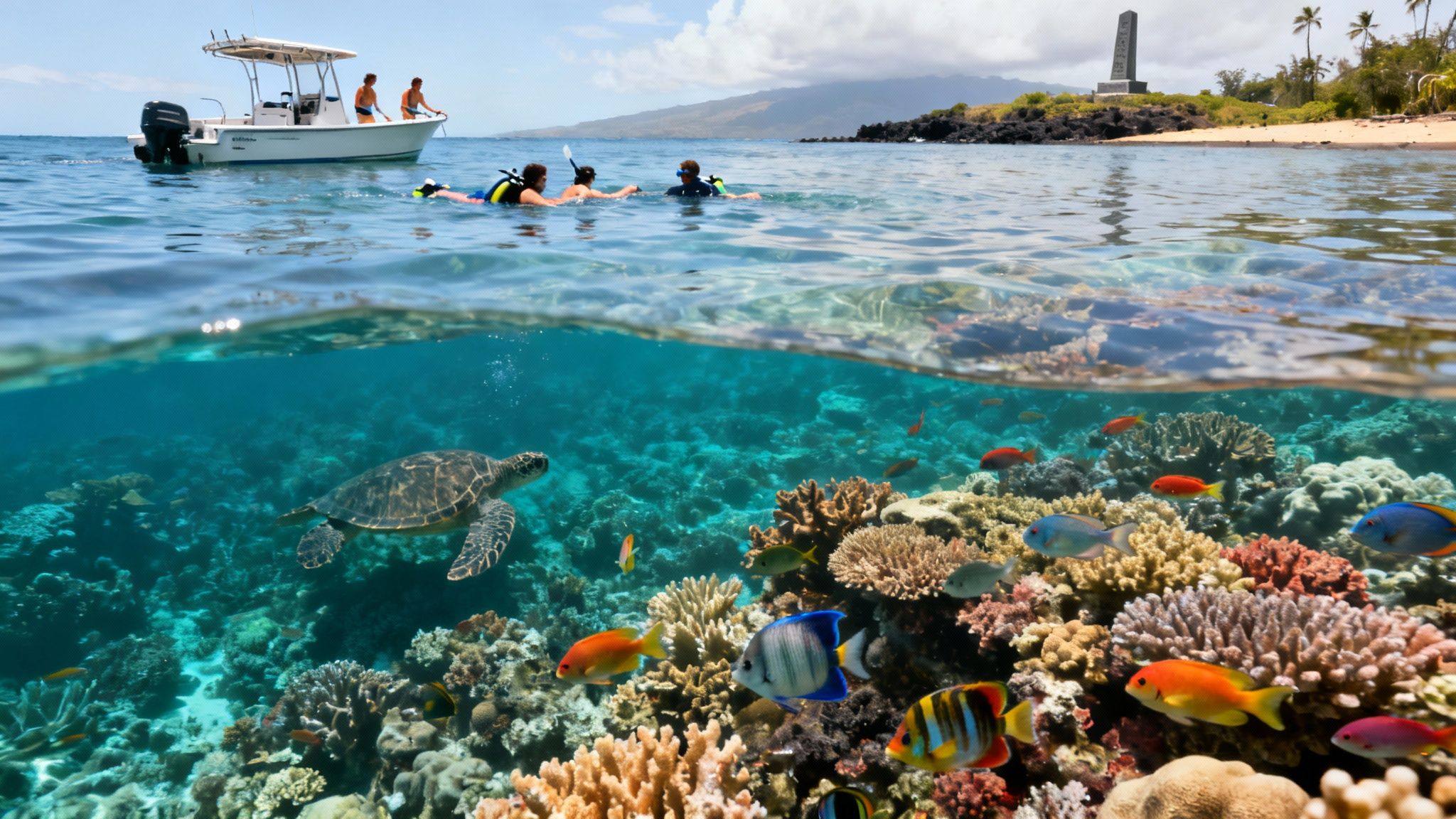 Split view of people snorkeling near a boat with a sea turtle and colorful fish in a vibrant coral reef.