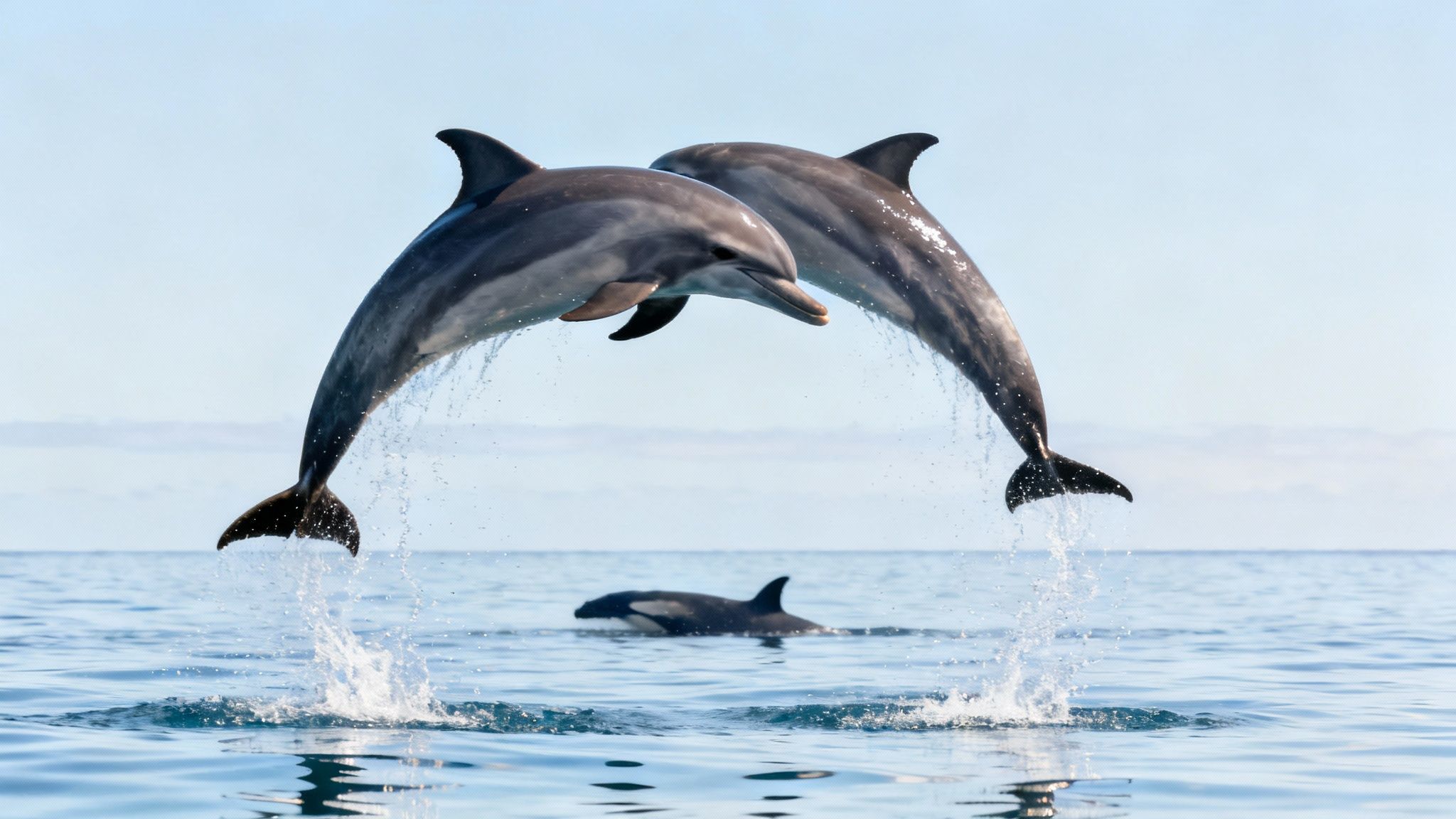 A pod of spinner dolphins leaping and spinning in the air off the coast of Kona.