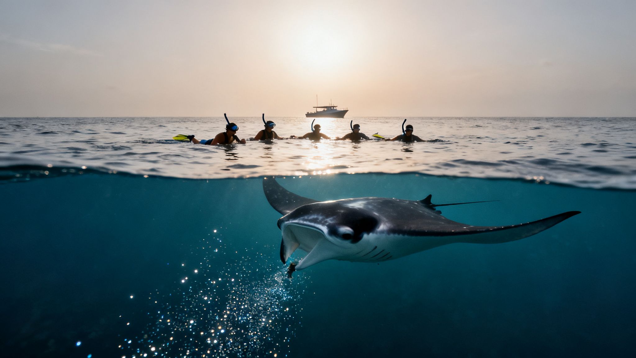 Split-level photo of snorkelers and a boat above water, with a manta ray swimming below.