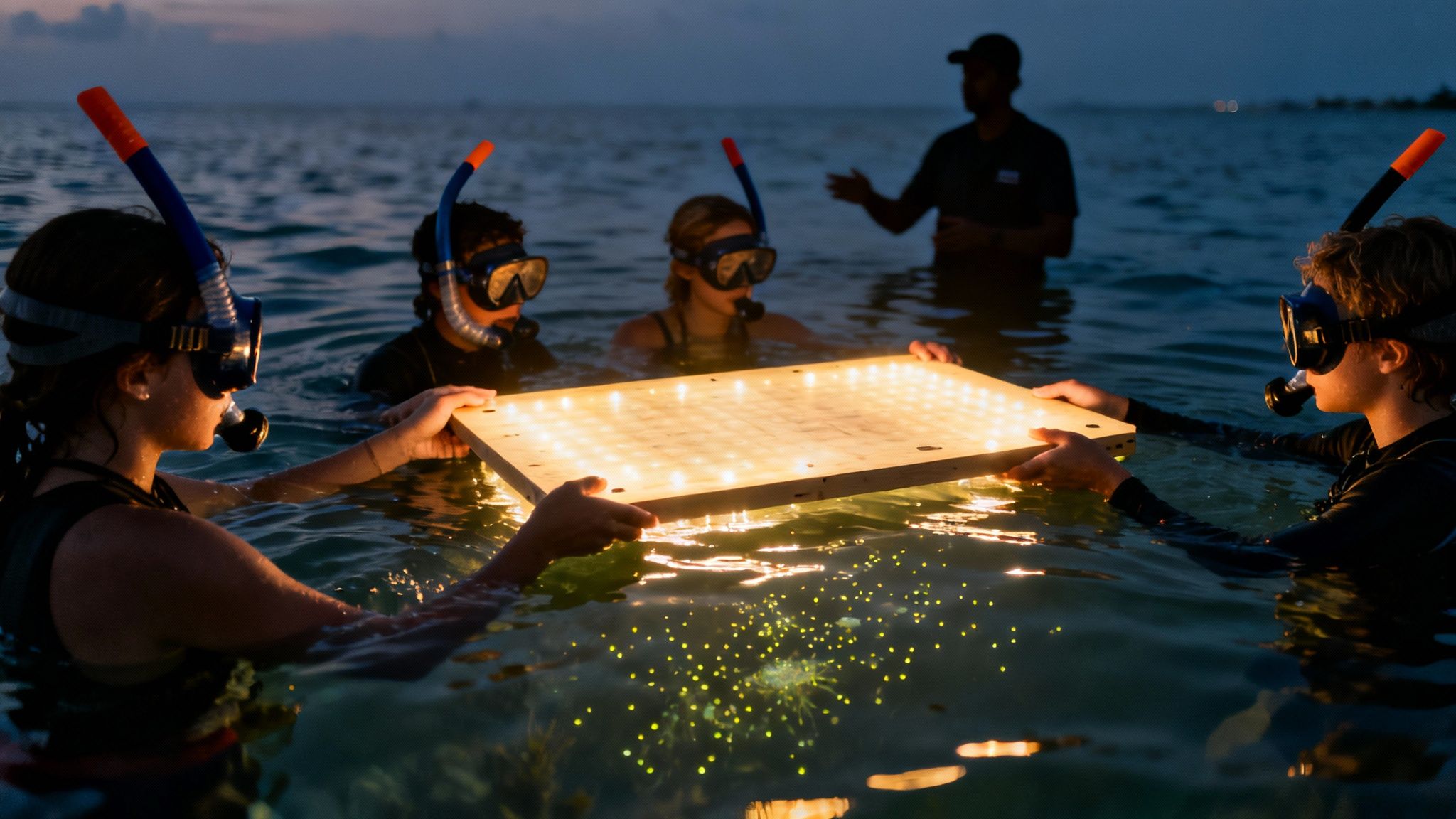 People snorkeling at night, holding an illuminated panel to observe bioluminescent plankton in the water.