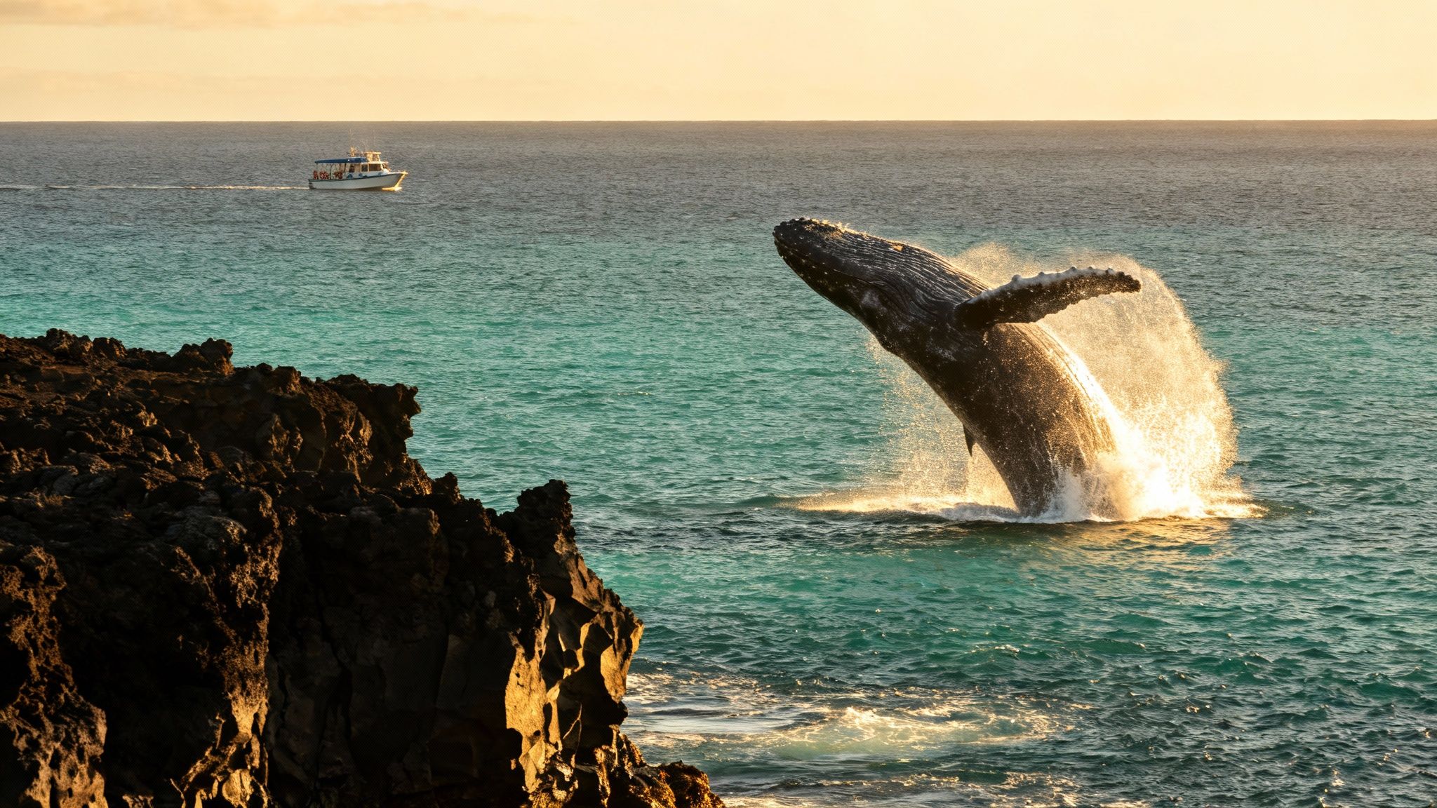 Spectacular humpback whale breaching at sunset, with a tour boat and rocky coastline.