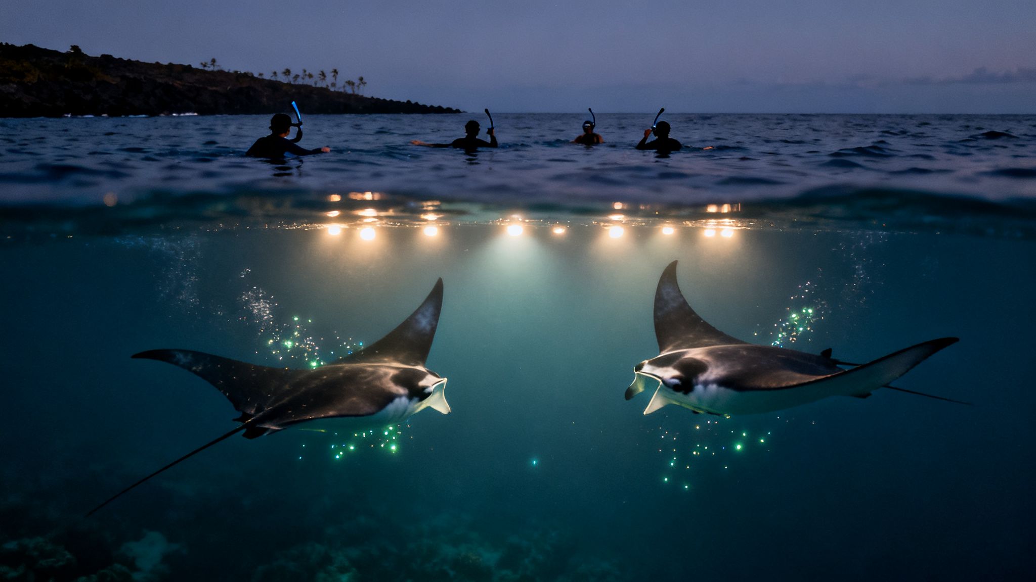 Snorkelers observe two majestic manta rays swimming under illuminated water at night.